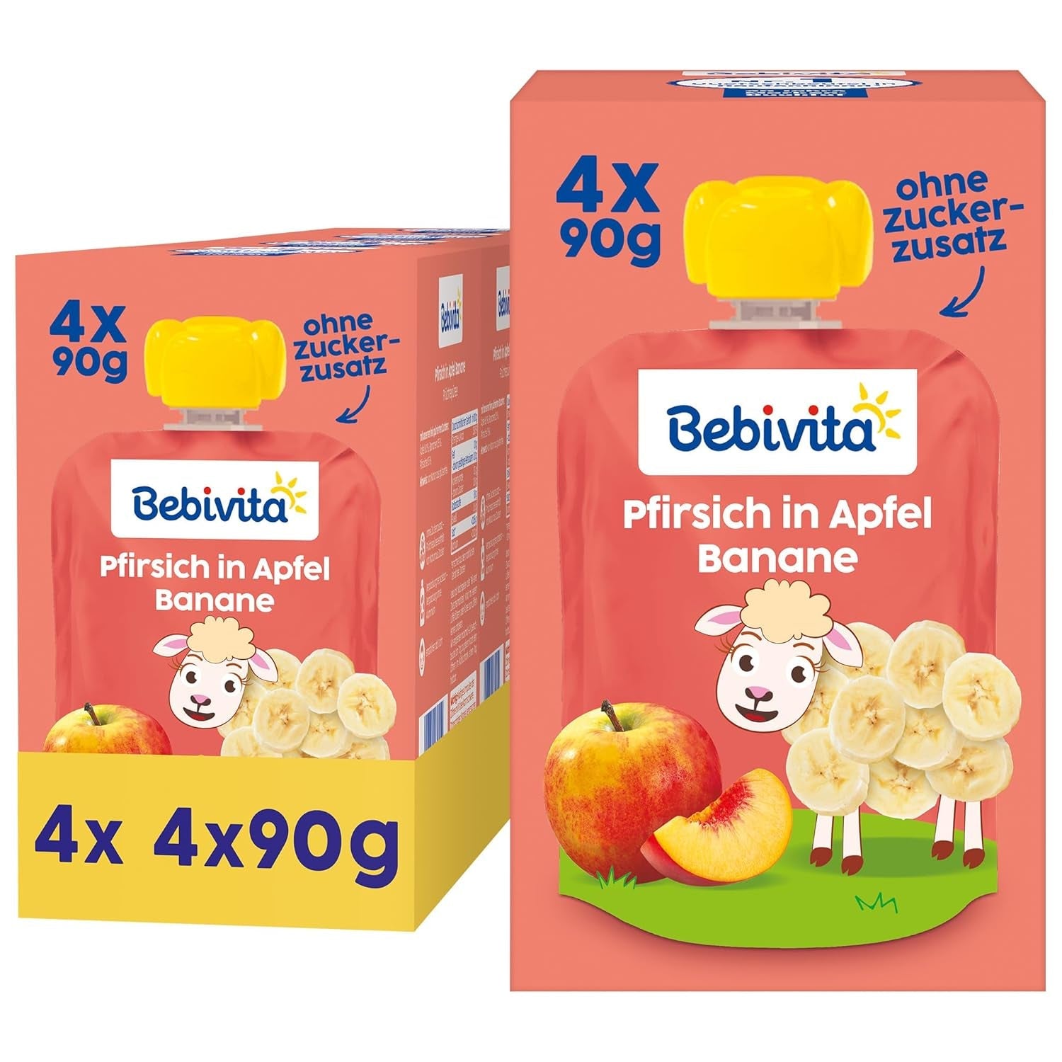Persika, äpple och banan pressbara påsar - 16 (4-pack, 4 x 90 g vardera), utan tillsatt socker, glutenfri, idealisk för take away-snacks och självkonsumtion