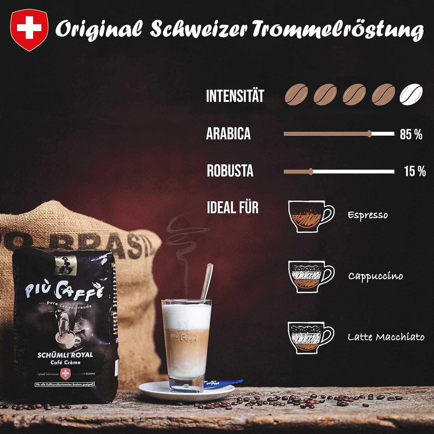 Café Crème Kaffeebohnen, würzig, kräftig, intensiv och gehaltvoll, Arabica och Robusta, Schweizer Trommelröstung, ganze Bohnen für Volllautomaten Schümli Royal 1 kg