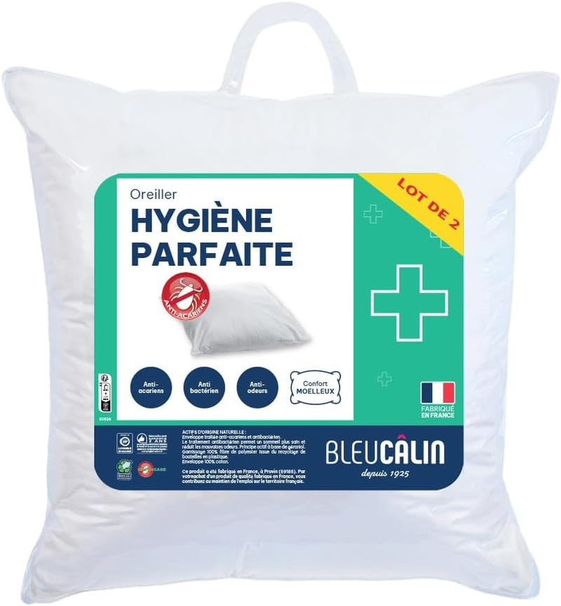 Bleu Câlin Set med 2 rektangulära anti-kvalster, antibakteriella kuddar, fluffig komfort, T 60X60 Cm, 100% bomull, perfekt hygiensortiment Naty Shop standardkuddar