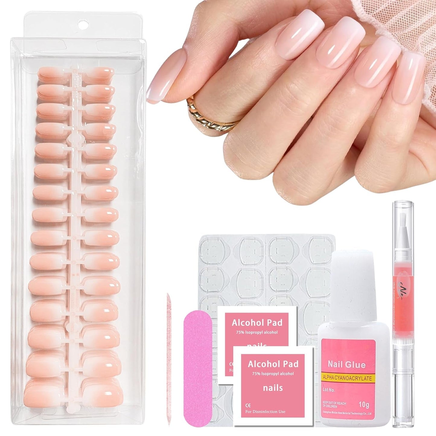 240 st Gradient Square Nails Set, Nude White Gradient Artificiella naglar för Oil Pen Lime, Medium Ombre Natural Fake Nails for Women DIY (Nude Square)
