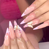 Mouyouglow Långa naglar Stiletto Milky White Gradient Rosa Glitter Coola falska naglar med lim Rosa Ombre Glitter konstgjorda naglar