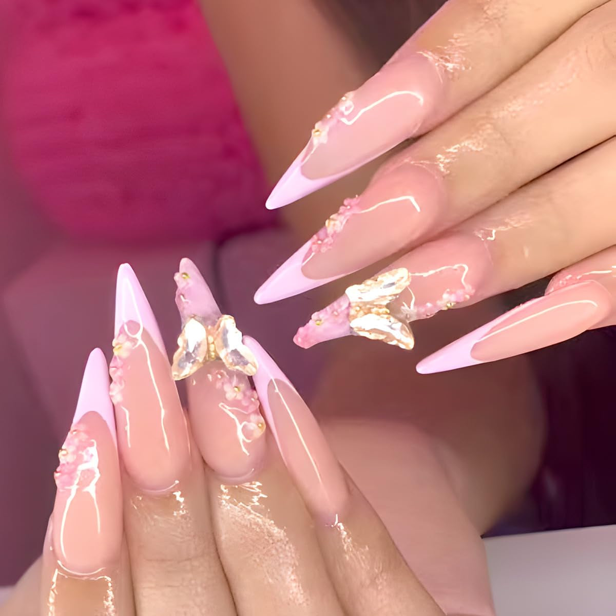 Mouyouglow Långa naglar Stiletto Milky White Gradient Rosa Glitter Coola falska naglar med lim Rosa Ombre Glitter konstgjorda naglar