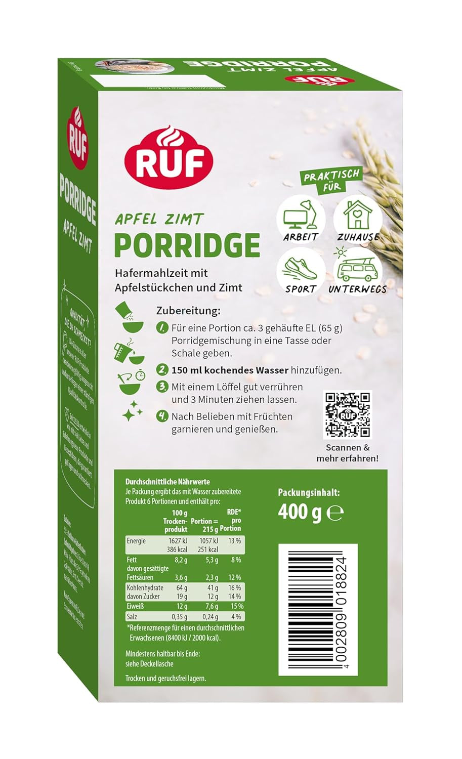 RUF kaneläppelhavregryn med hela havreflingor, delikat kanelsmak och torkade äppelbitar, mellanmål, bulkförpackning, 1 x 400 g