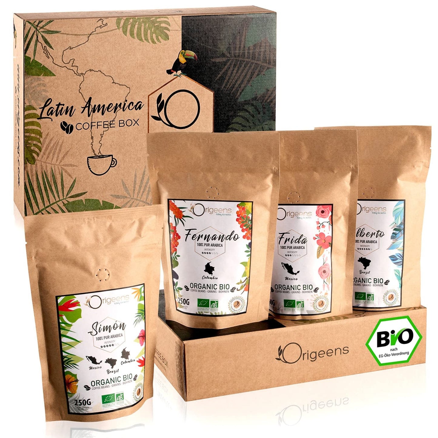ORIGEENS Bio Kaffeebohnen Probierset 1kg | Premium Bio Arabica Kaffee Ganze Bohnen Set 4x250g | Traditionell Röstung | Kaffe Geschenkset