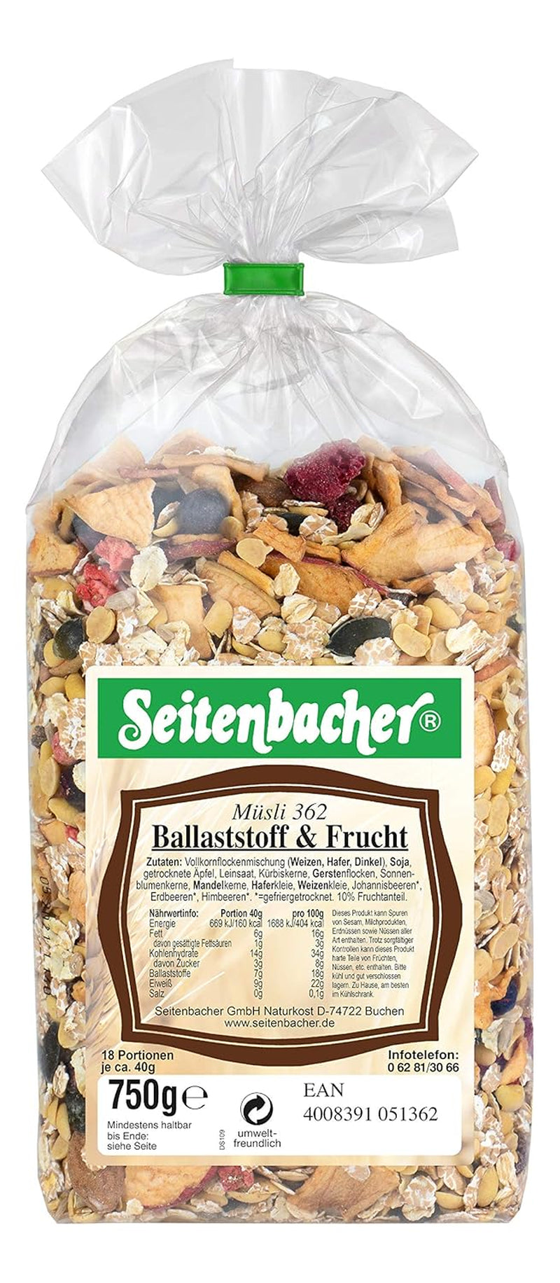 Seitenbacher Müsli Ballaststoff Und Frucht I Ohne Zugesetzten Zucker I Ohne Zugesetztes Fett I (1 X 750 G) Spannmål Naty Shop 1