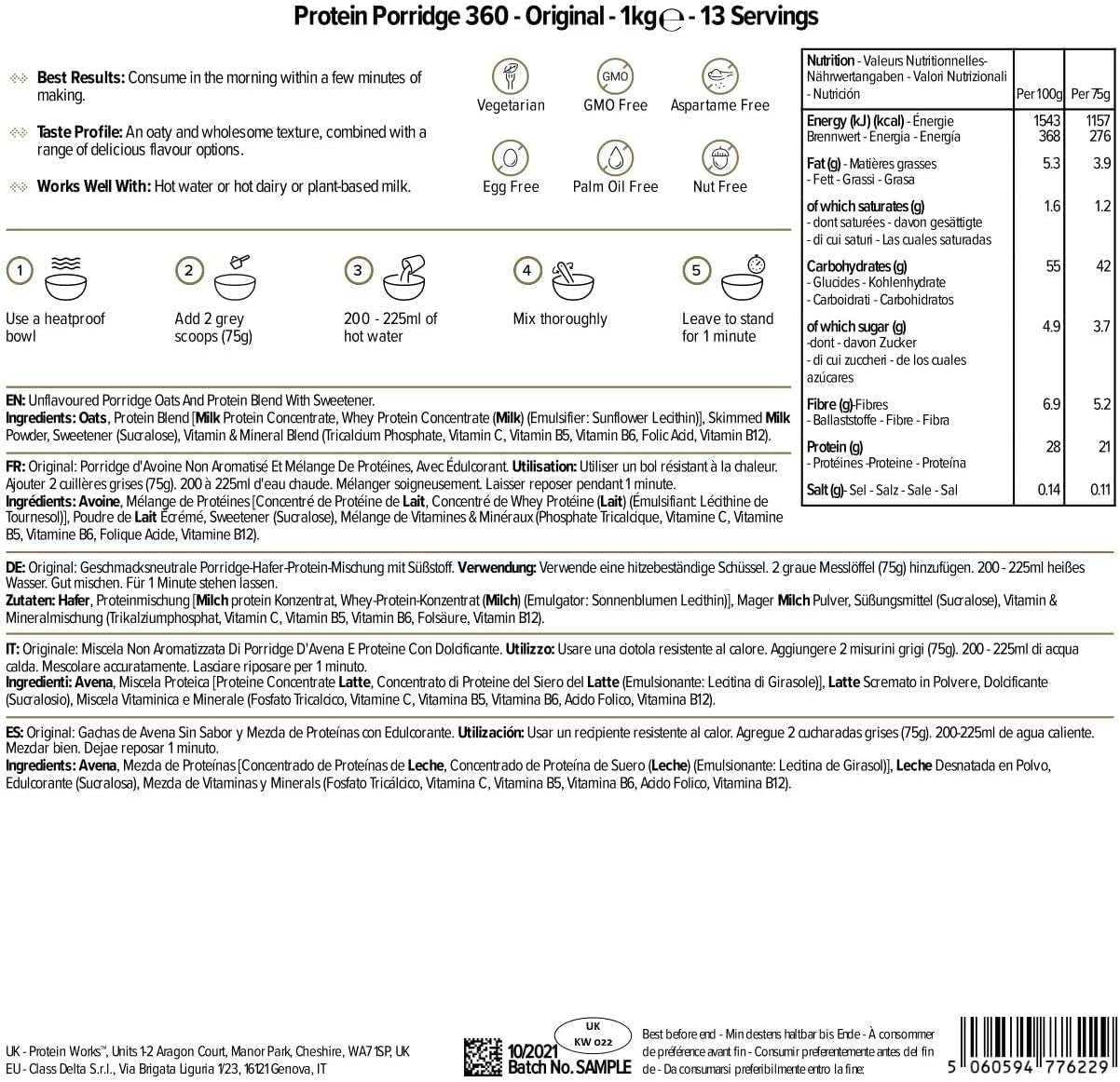 Protein Works - Protein Porridge 360 | Myt Ytterligare vitaminer och mineraler | Proteinreiches Frühstück | Kalorienarme Haferflocken | 13 portioner | Natürlich | 1 kg spannmål Naty Shop