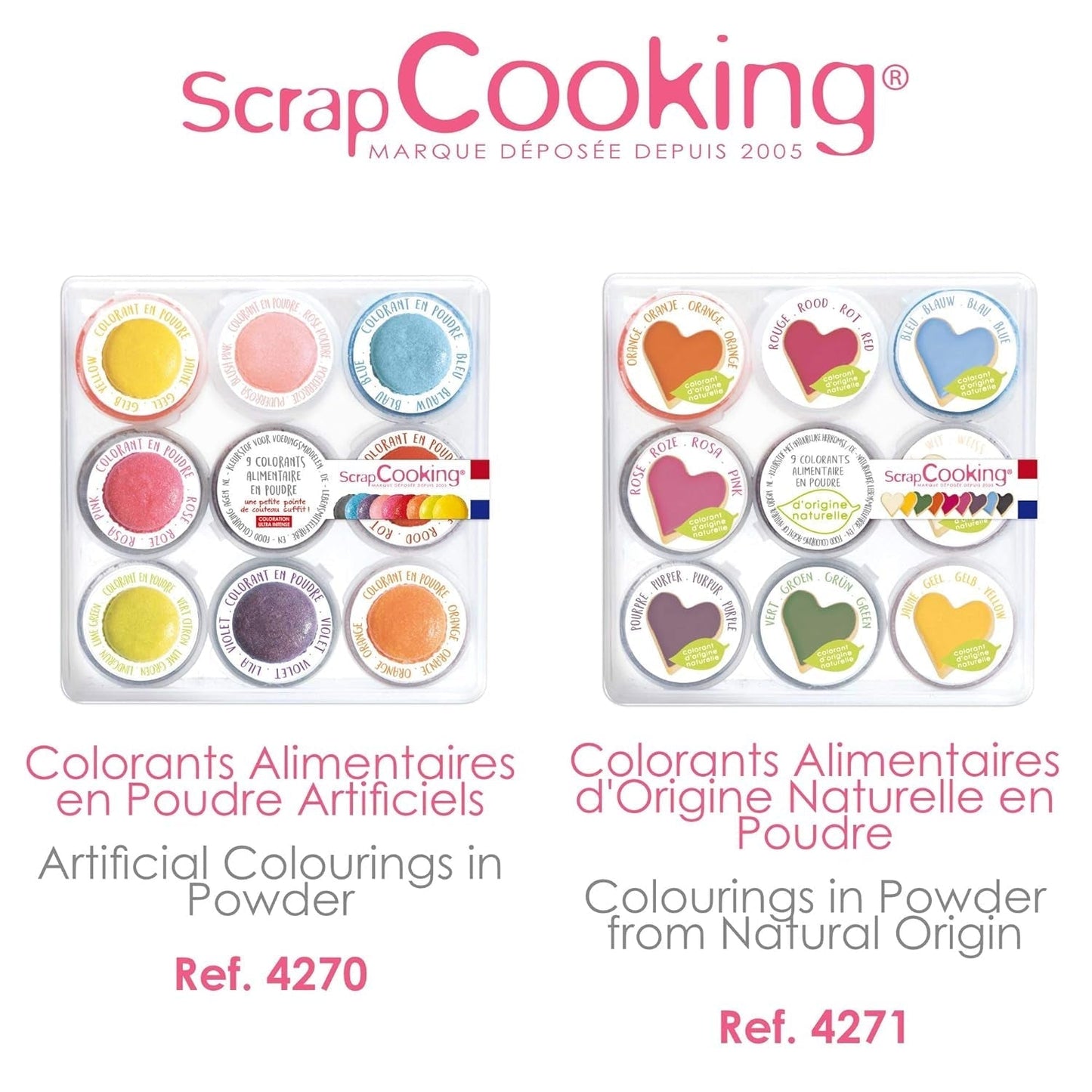 Scrapcooking - Set med 9 pulveriserade matfärger - blå, gul, rosa, lila, orange, limegrön, röd, pulverrosa, svart - ätbart färgpulver för kakor, muffins, macarons - 4270