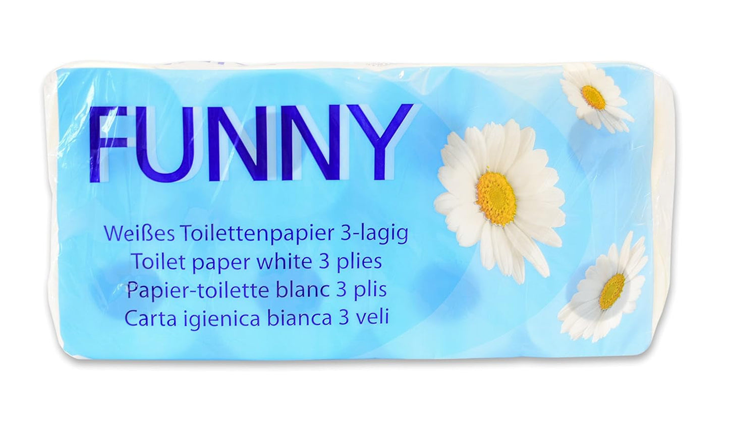 Roligt toalettpapper AG-014, 3 lager, 250 ark, 9,5 cm x 11 cm, vitt, enstaka paket med 8 rullar