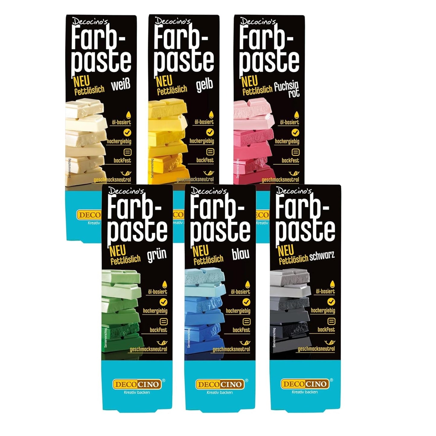 Decocino Fettlöslig färgpasta Set om 6 - 6 x 15 g - Livsmedelsfärg i rött, vitt, grönt, gult, blått och svart, perfekt för att färga tårtor, fondant och krämer - Azo- och glutenfri