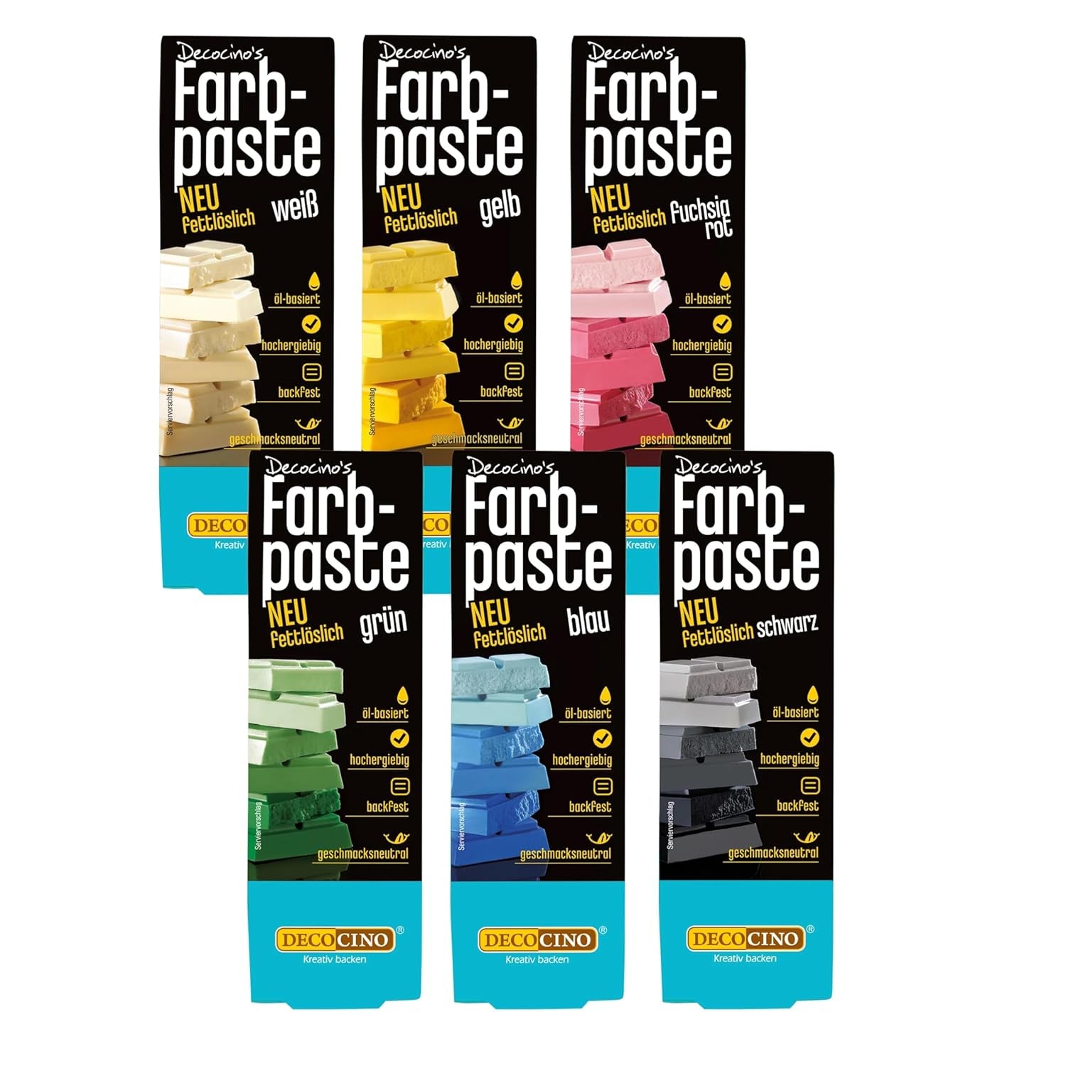 Decocino Fettlöslig färgpasta Set om 6 - 6 x 15 g - Livsmedelsfärg i rött, vitt, grönt, gult, blått och svart, perfekt för att färga tårtor, fondant och krämer - Azo- och glutenfri
