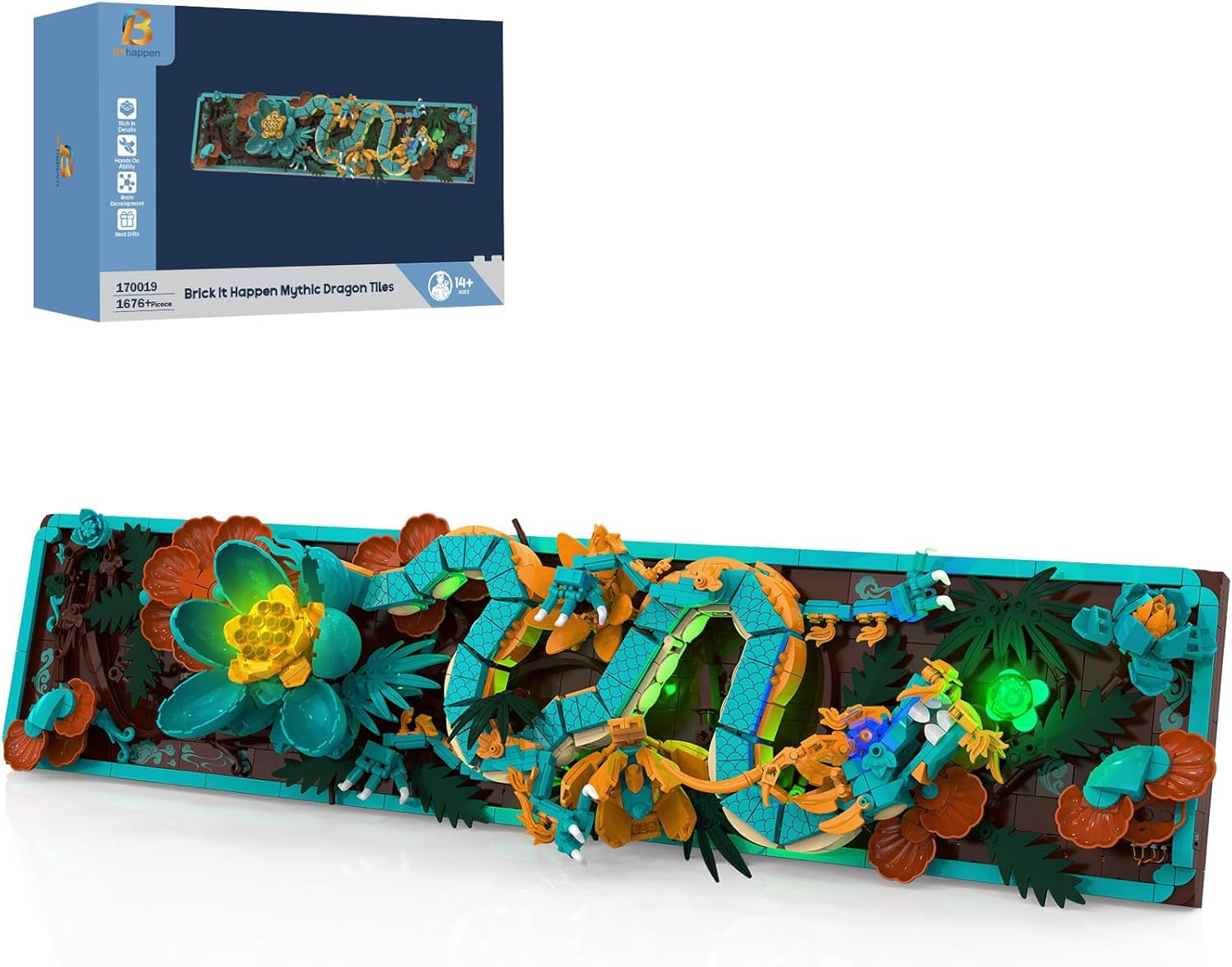 Mythical Dragon Tile Building Kit för vuxna, 3D Divine Loong Art Byggleksak med LED-lampor och blommor, DIY Dragon Relief Model Kit, kreativa presenter och dekorationer (1676 bitar)