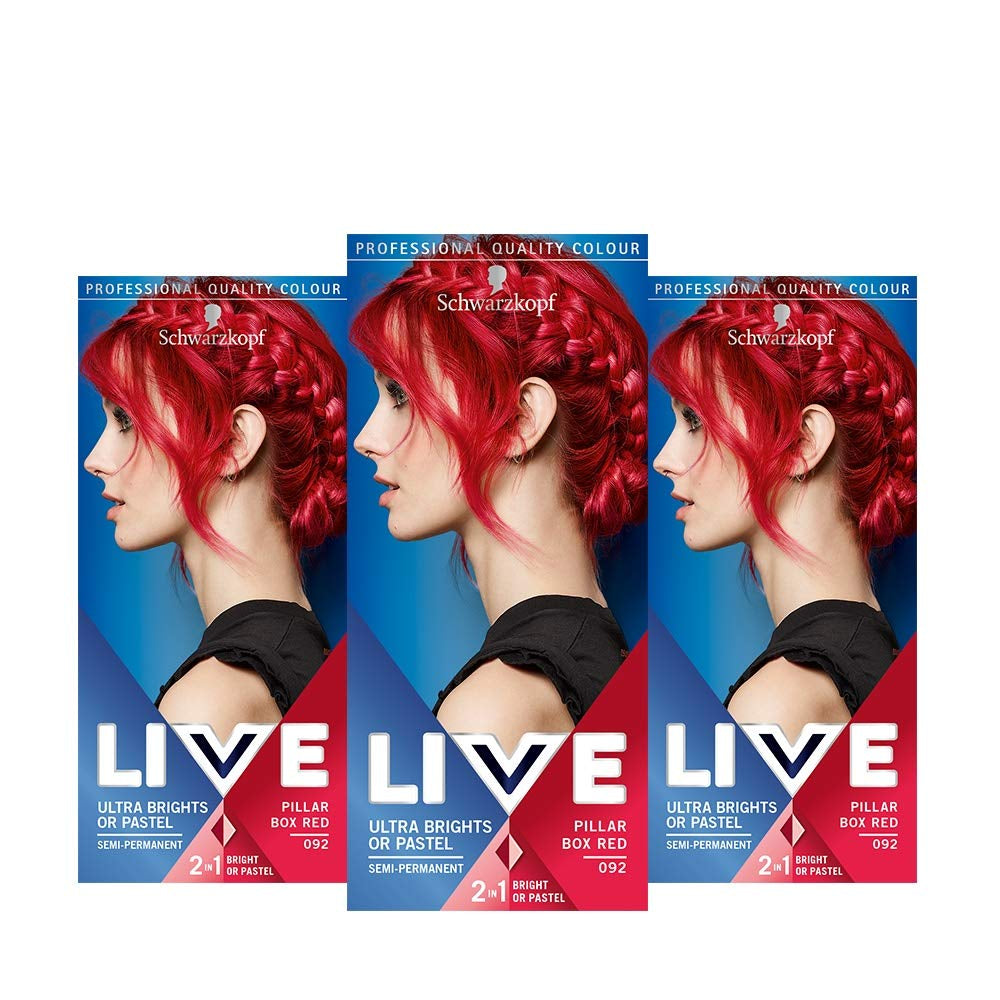 Live Ultra Bright eller Pastell Red Hårfärgning 3-pack semipermanent färg Håller upp till 15 tvättar - 092 Pillar Box Red Naty Shop Pillar Box Red Hair Dye 3-pack (Pack of 1)