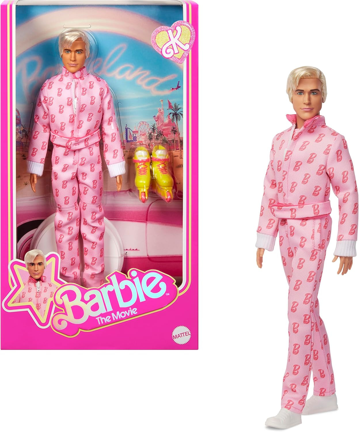 Barbie The Movie - Ken-Sammelpuppe, Ryan Gosling som Ken i rosafarbenem Overall mit "B"-Aufdruck, weißen Sneakern och bunten Inlineskates, JCP80