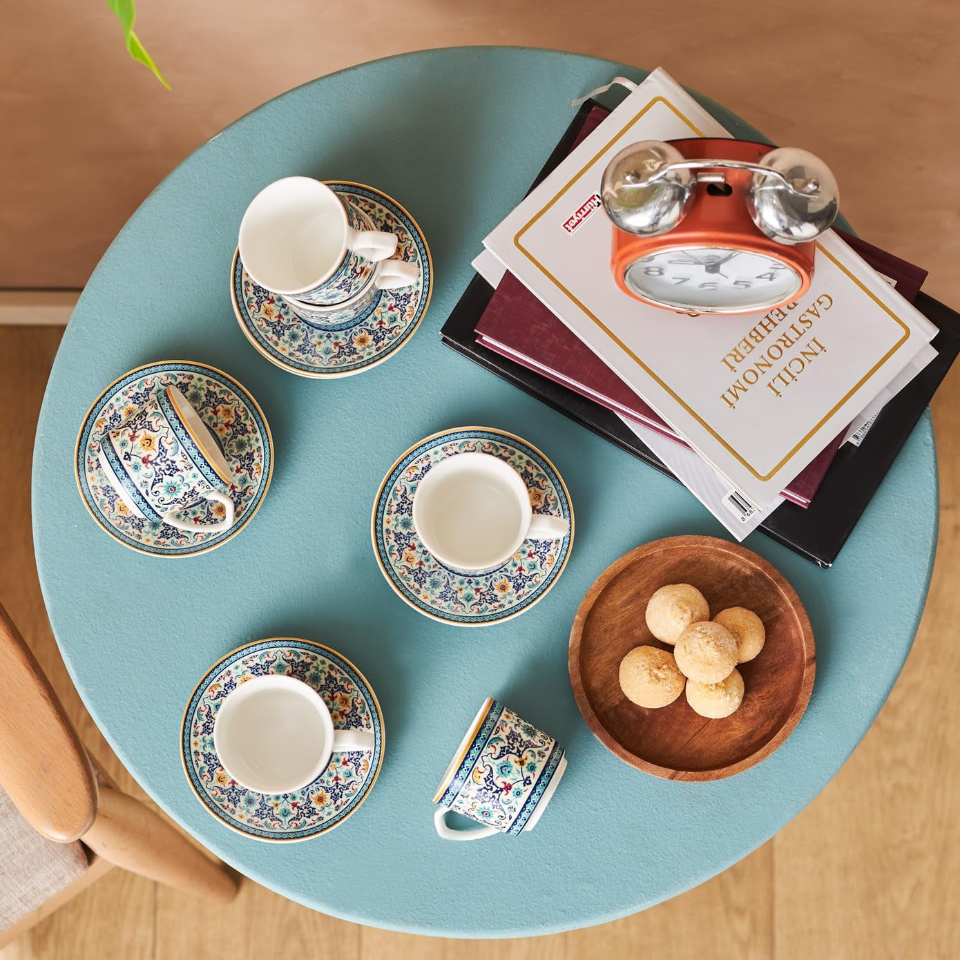 KARACA Beylerbeyi - 12-delat turkiskt kaffekoppset Porslin Espressokopp Set om 6 med fat 80ml Espressokoppset Traditionell design - Blå