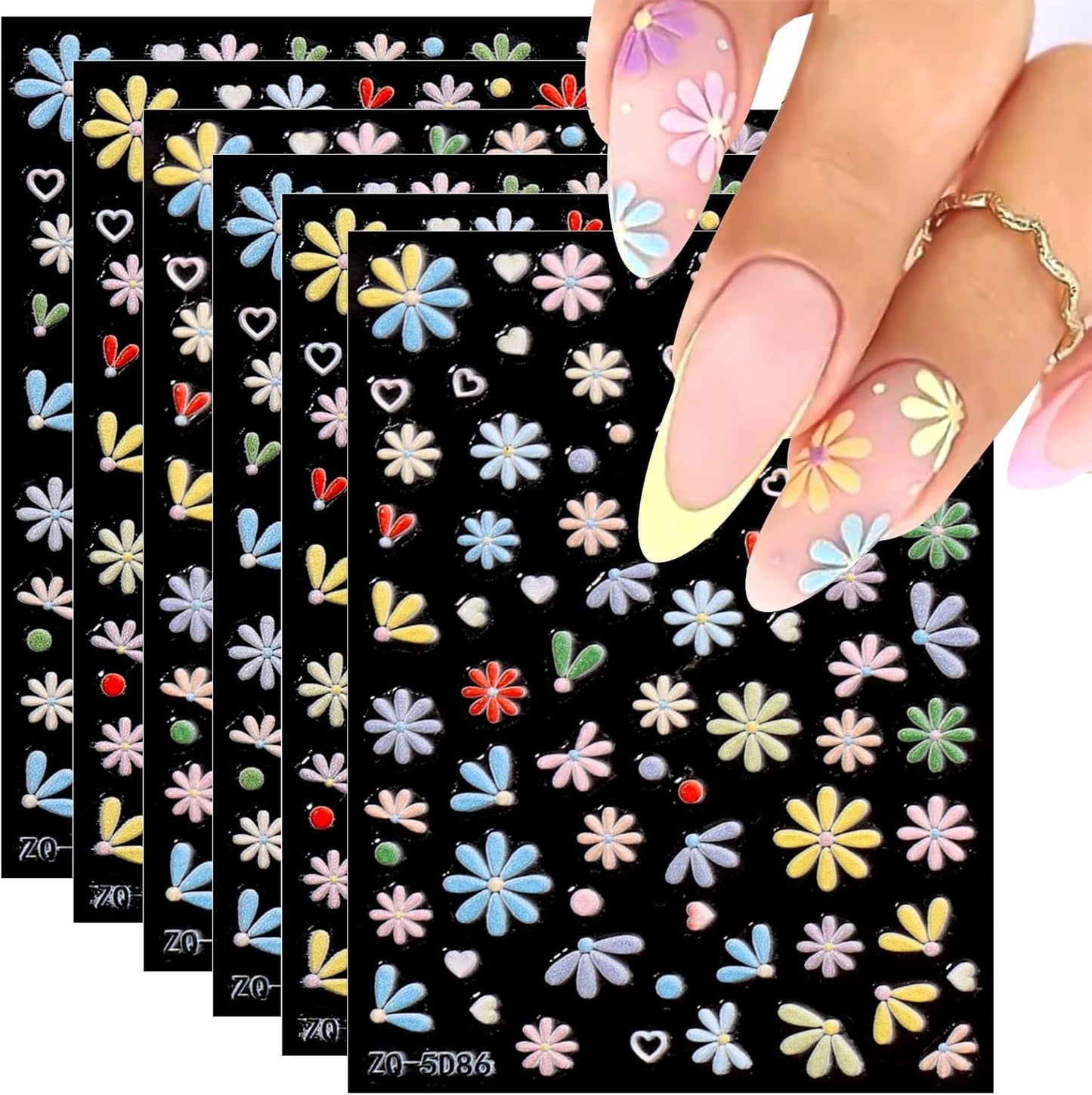 JMEOWIO 3D Nagelsticker Frühling Blumen 5 Blatt Nagelaufkleber 5D Stereoskopisk Selbstklebend Bunte Blüte Nail Art Sticker Dekoration Nageldesign Zubehör