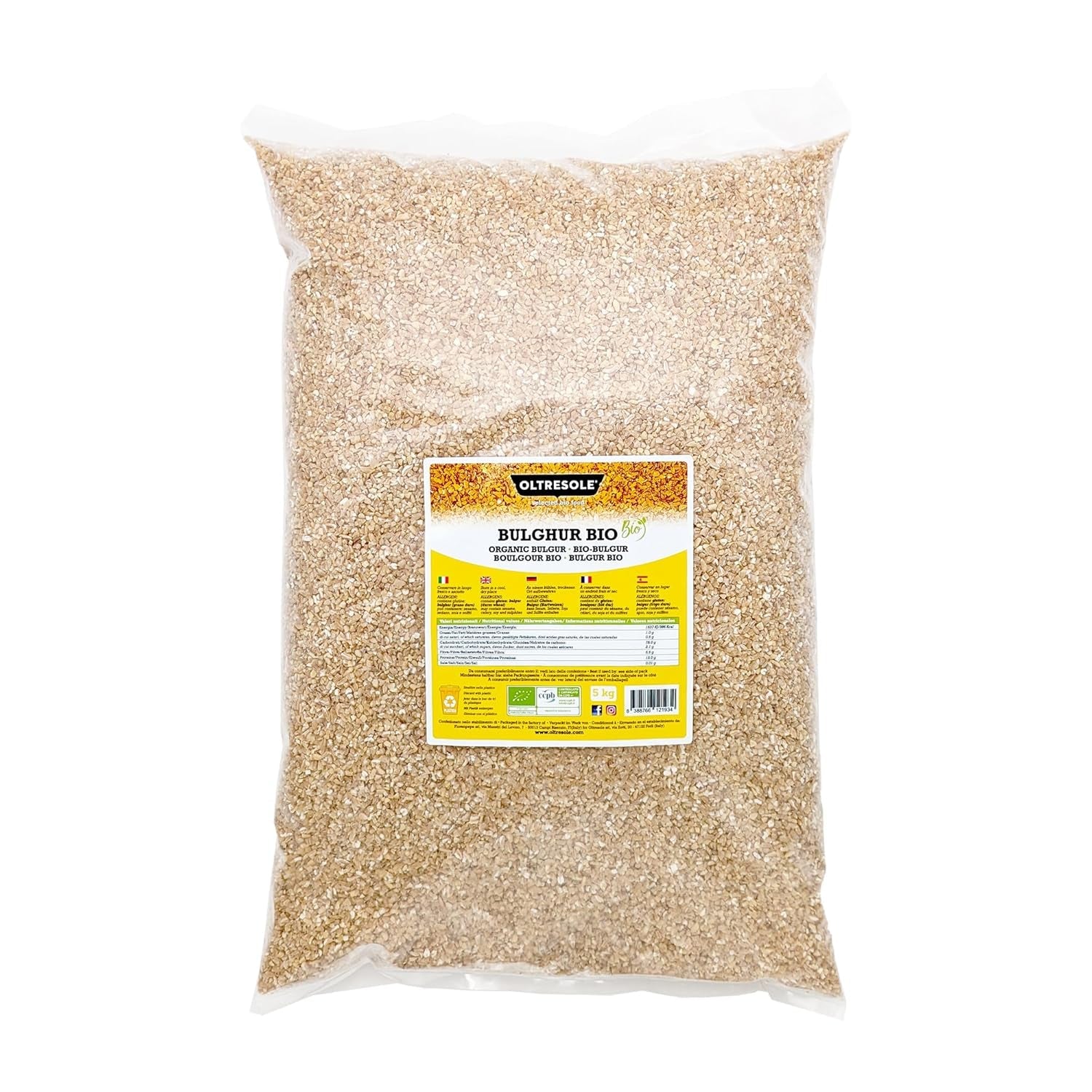 Ekologisk italiensk Bulgur 5 kg, fullkornsvete, durumvete, knäckt vete, perfekt för att göra tabbouleh och orientaliska rätter, praktiskt format