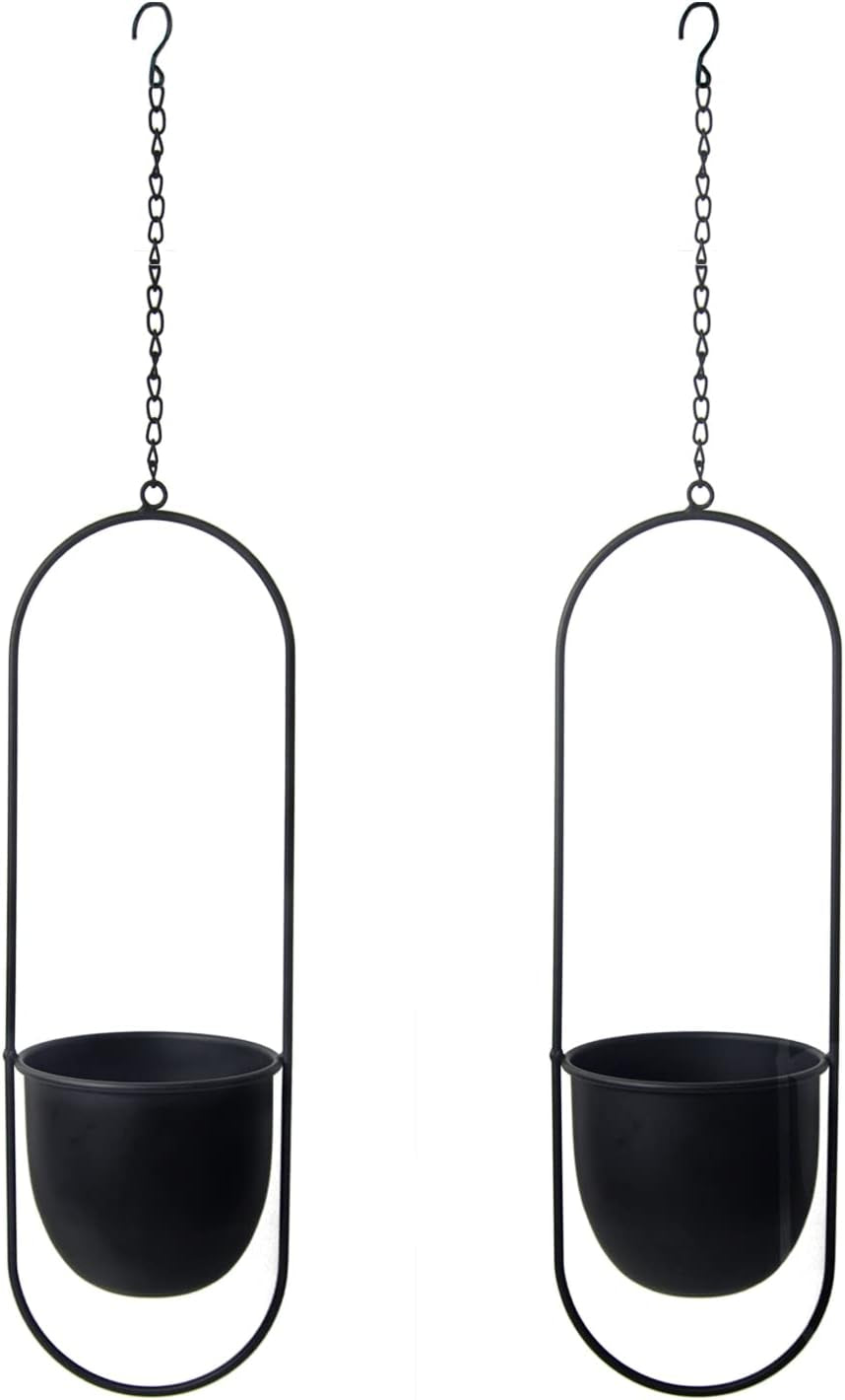 Hängande metallblomkrukor 2 st Svart oval geometrisk växthängare med krukor Modern vägg- och takkruka inomhus utomhus 15,2 cm blomkrukor 2 st