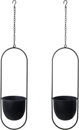Hängande metallblomkrukor 2 st Svart oval geometrisk växthängare med krukor Modern vägg- och takkruka inomhus utomhus 15,2 cm blomkrukor 2 st