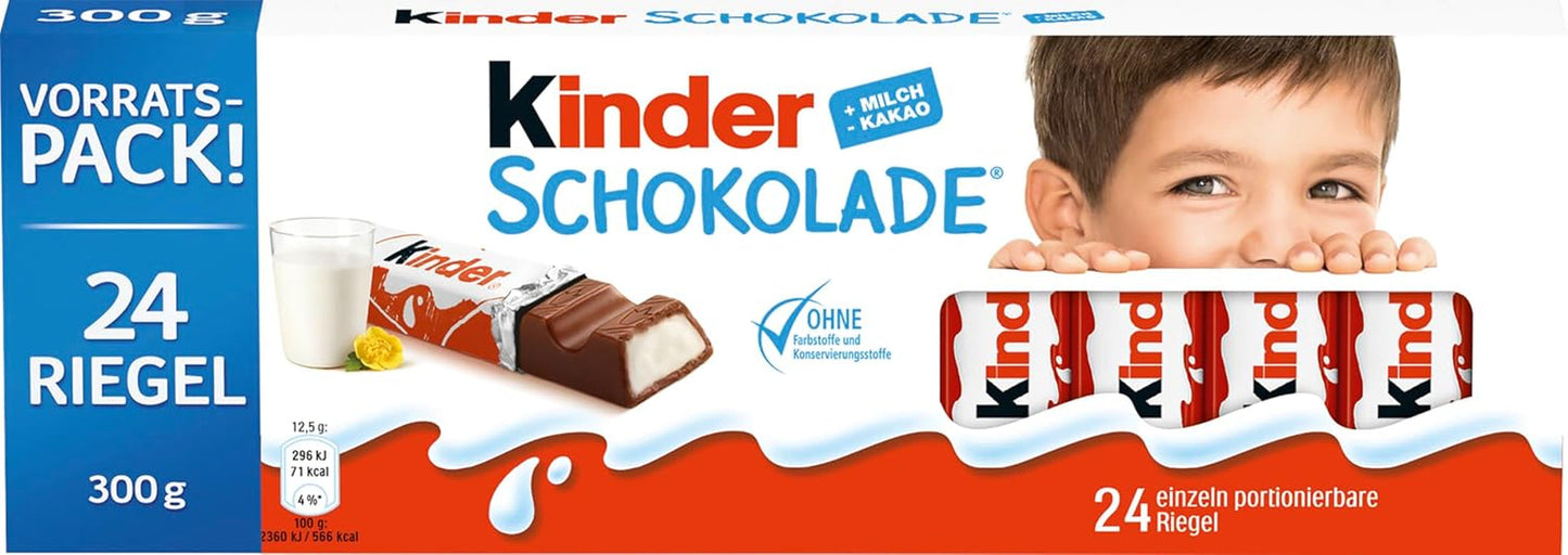 Kinder Chocolate - Fyllda mjölkchokladkakor - 1 förpackning innehållande 24 individuella barer (24 x 12,5g).