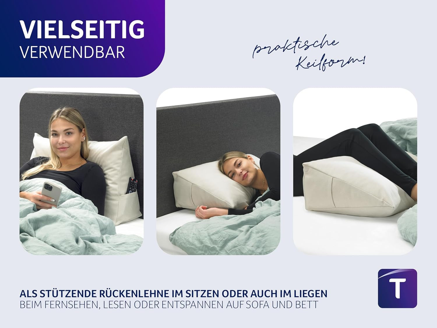 Traumnacht Cosy Ryggkudde, läskudde, 70 x 40 cm beige, avtagbart och tvättbart överdrag av 100 % polyester, praktisk sidficka, Oeko-Tex certifierad, tillverkad enligt tyska kvalitetsstandarder