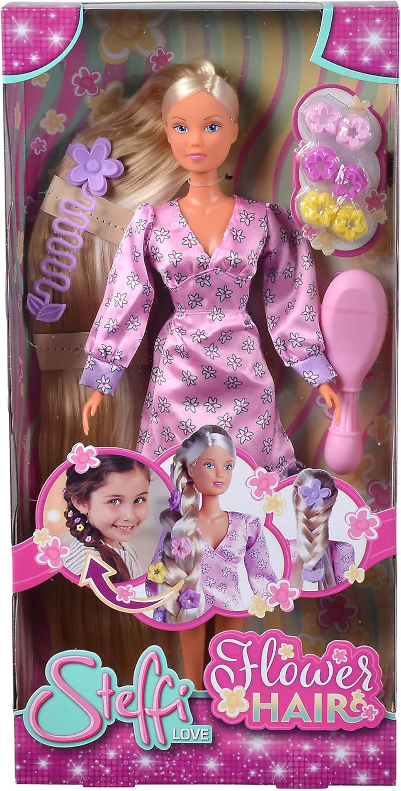 Simba 105733640 - Steffi Love Flower Hair, docka med extra långt hår, innehåller 6 klämmor, flättillbehör och kam, 29 cm, 3+ år