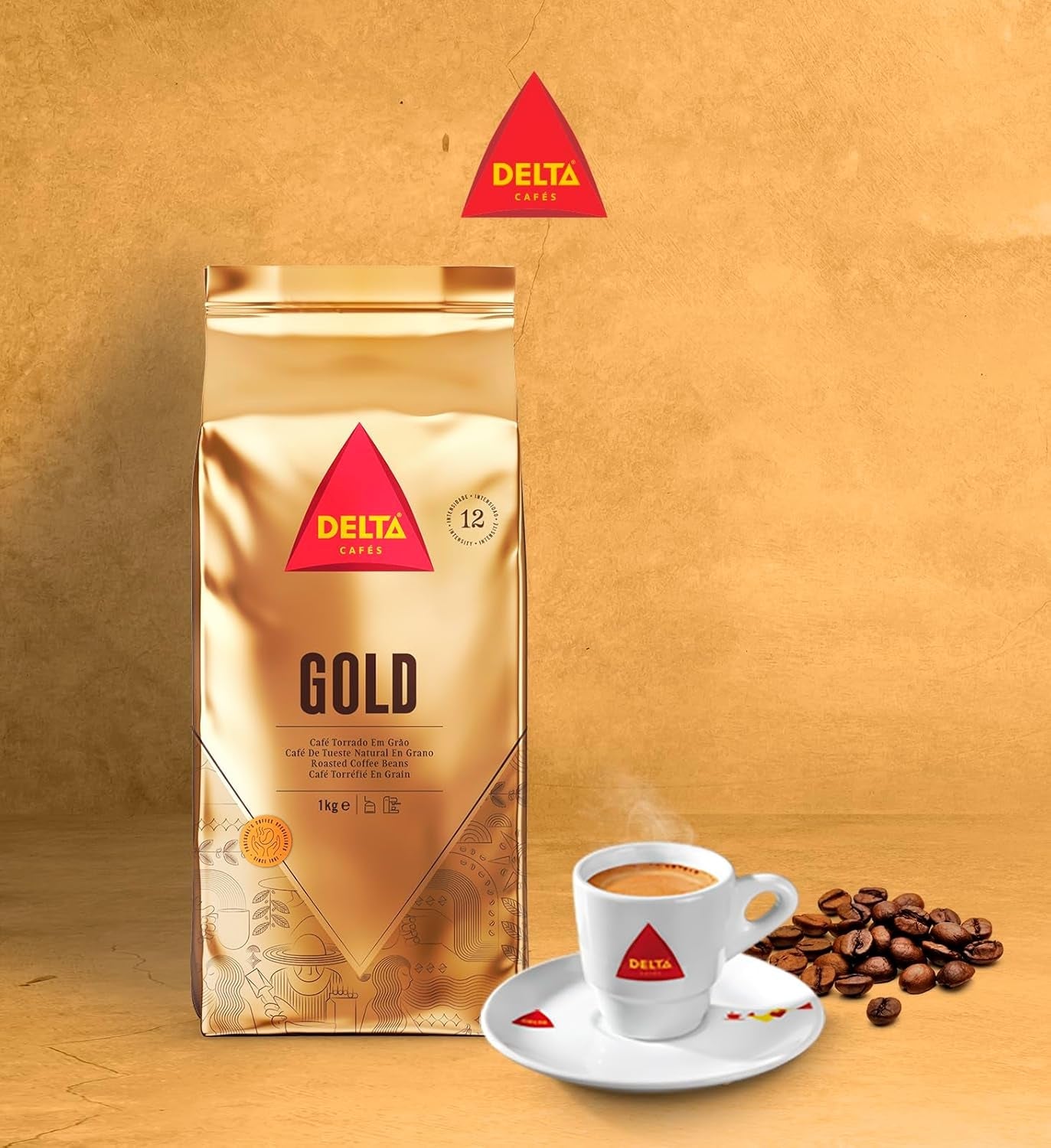 Delta Cafés - Kaffeebohnen Gold - 2 paket à 1 kg - Intensität 12 - Vollmundige Arabica-Röstkaffebohnenmischung - Sehr aromaticisch mit Noten von Honig und Reifen Früchten