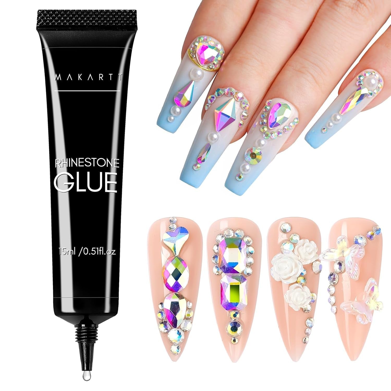 Makartt Rhinestone Adhesive Gel - 15ml UV Nagellim Set med Rosa Nail Charms Heart Circle Nail Smycken och Nageldesign Tillbehör för Hemmanikyr Alla hjärtans dag present