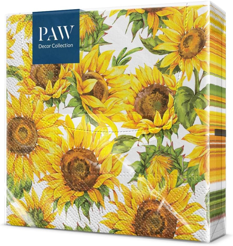 PAW - 3-lagers servetter (33 X 33 Cm) I 20 stycken I Perfekt för födelsedagar, fester, datum I Höstbordsdekorationer I Färgglada pappersservetter - Solrosgula kronblad I Dansande solros