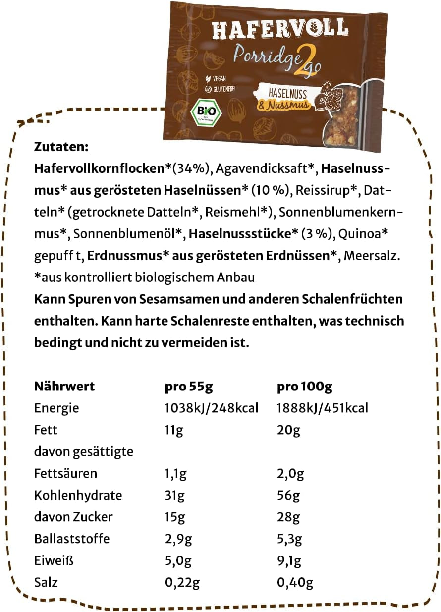 Hafervoll Porridge2go jordnötssmör och nötter, 13 barer x 55 g - vegansk, ekologisk, glutenfri, utan tillsatt socker mellanmål, med havre, dadlar och quinoagodis