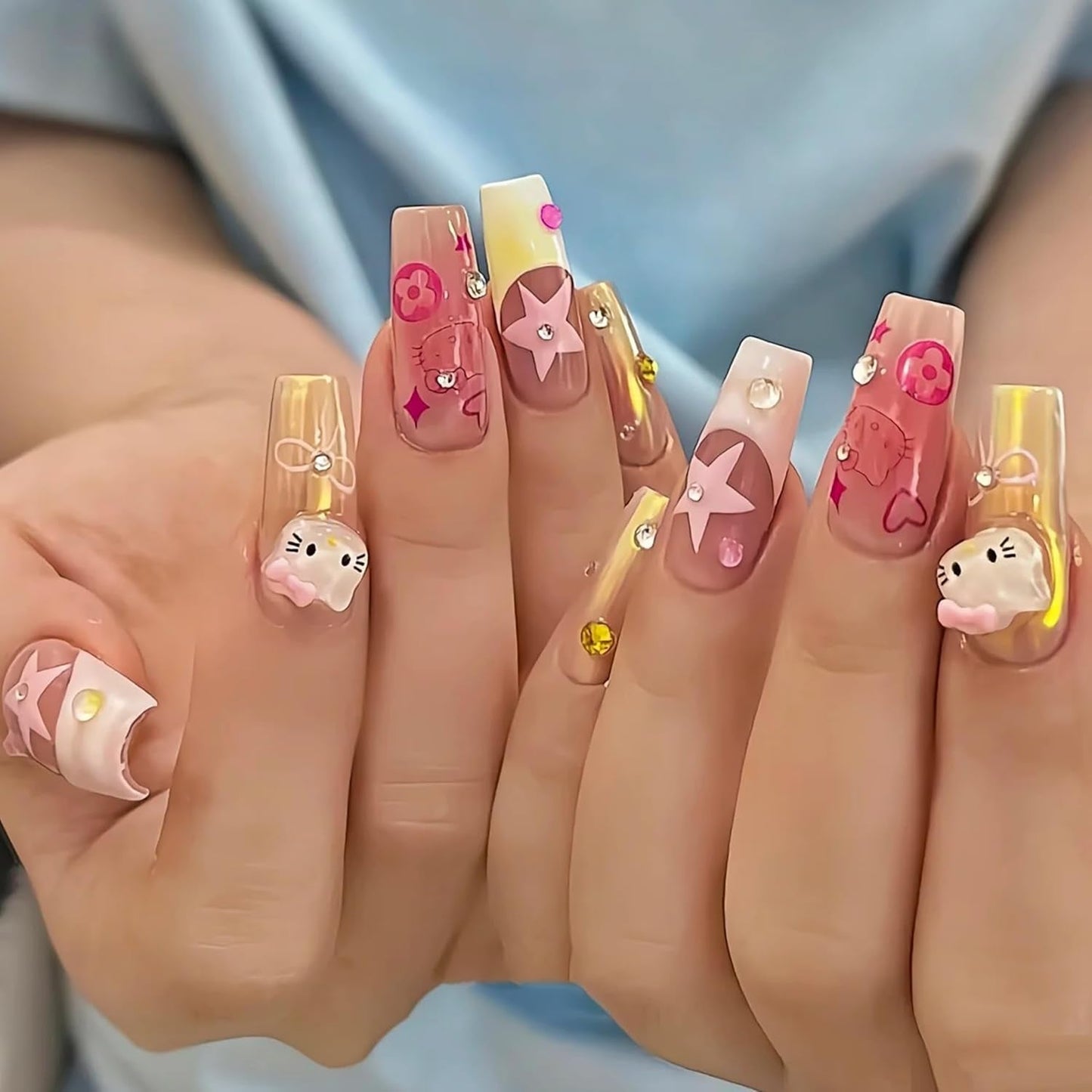3D-kattens nagelklistermärken, nagelglitter, paljetter, nagelklistermärken i harts, nagelstenar, diamanter för nagelkonst, inklusive strass nagelvaxstift (färgglad katt)