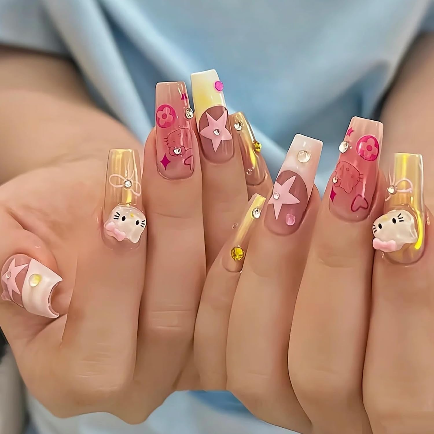3D-kattens nagelklistermärken, nagelglitter, paljetter, nagelklistermärken i harts, nagelstenar, diamanter för nagelkonst, inklusive strass nagelvaxstift (färgglad katt)