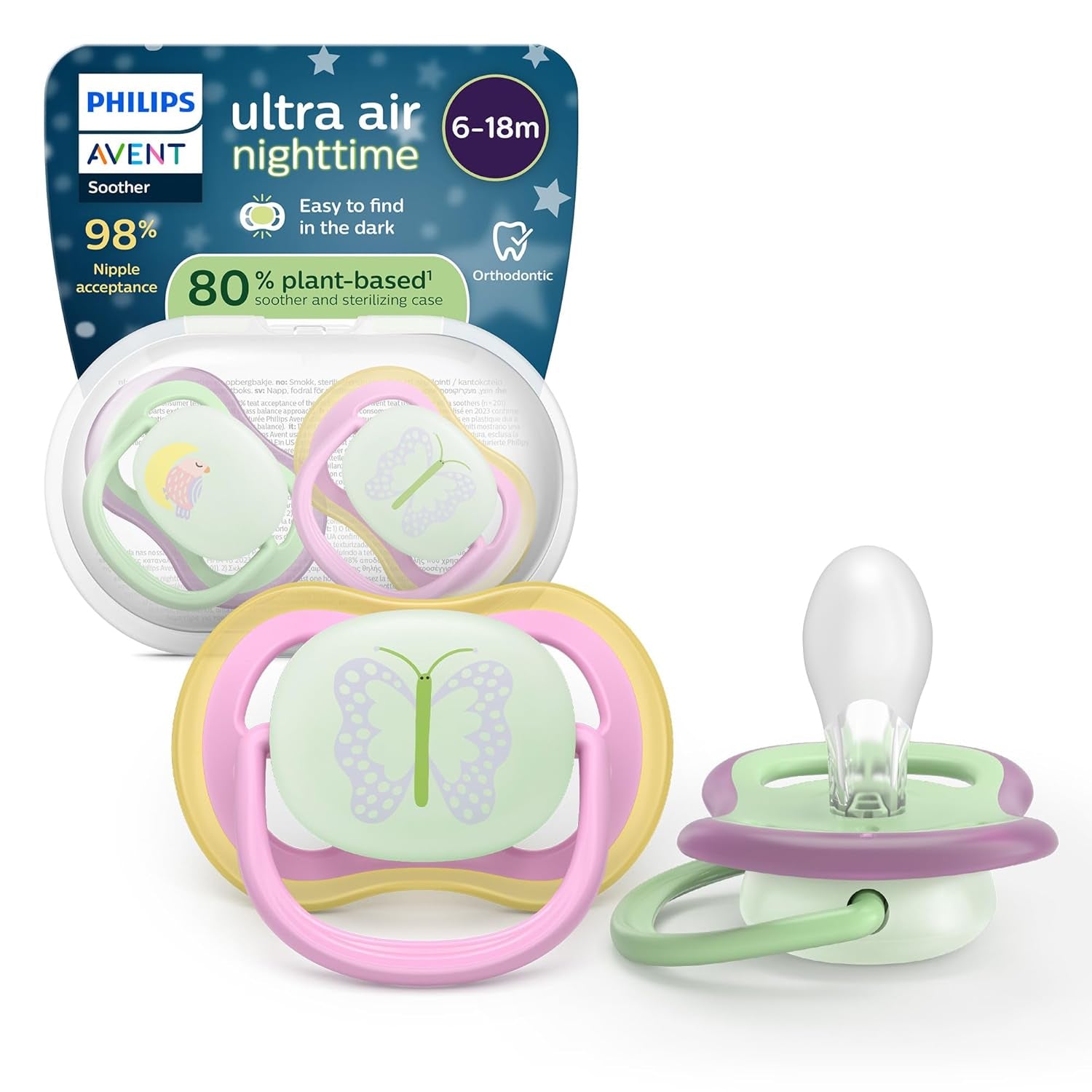 Philips AVENT ultraluftnappar - paket med 4 BPA-fria nappar som andas för bebisar 6-18 månader, inklusive bärväska och sterilisering, sköldpadda/valmönster (modell SCF085/66)