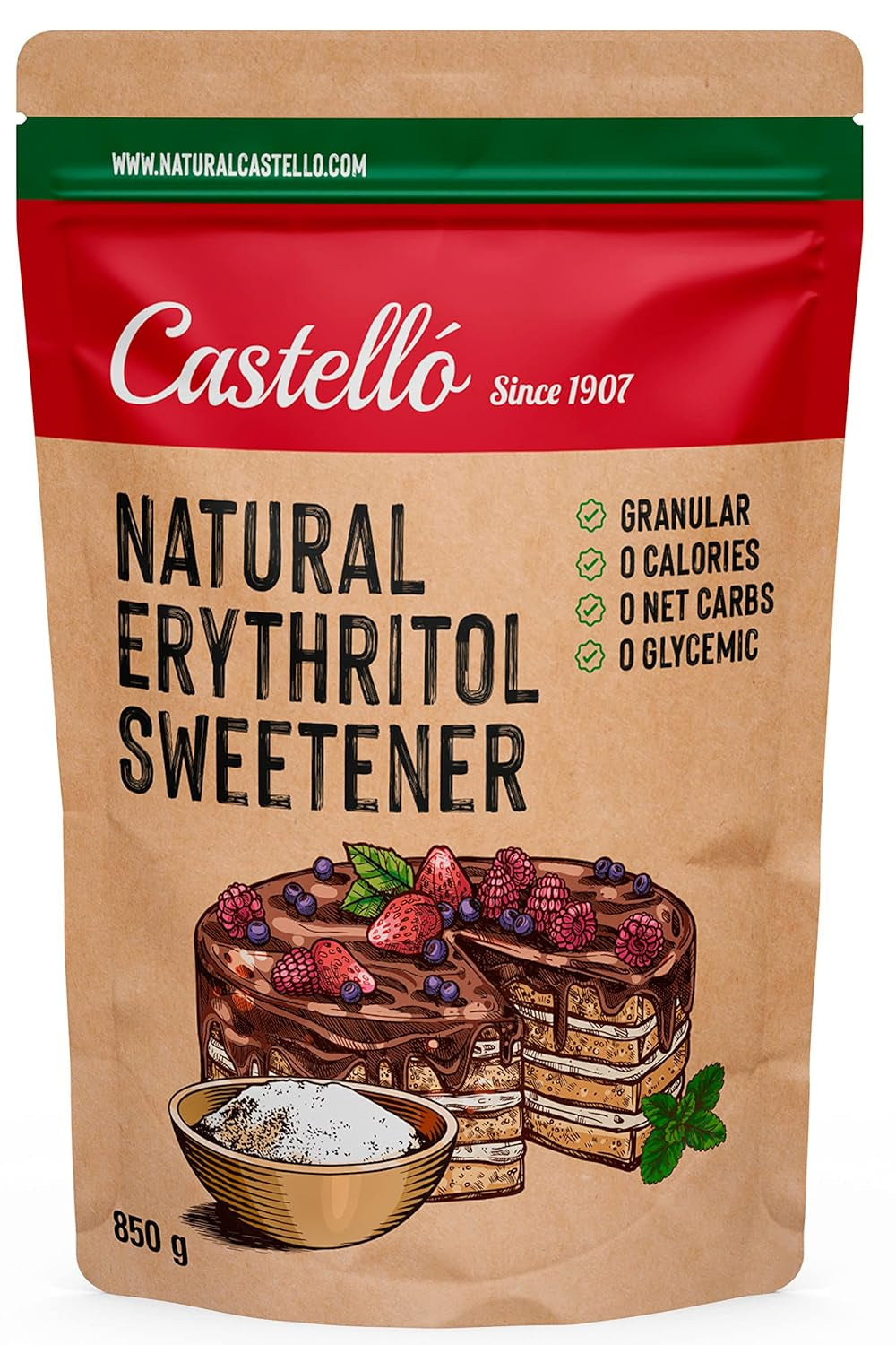 Natürliches Erythrit - Kristallzucker | 10G = 7G Zucker | Natürlicher Zuckerersatz - 0 Kalorien - 0 Glykämischer Index - Keto Und Paleo - 0 Netto-Kohlenhydrat - Kein GVO - Castello sedan 1907-1Kg Sötningsmedel Naty Shop 850 G (1Er Pack)