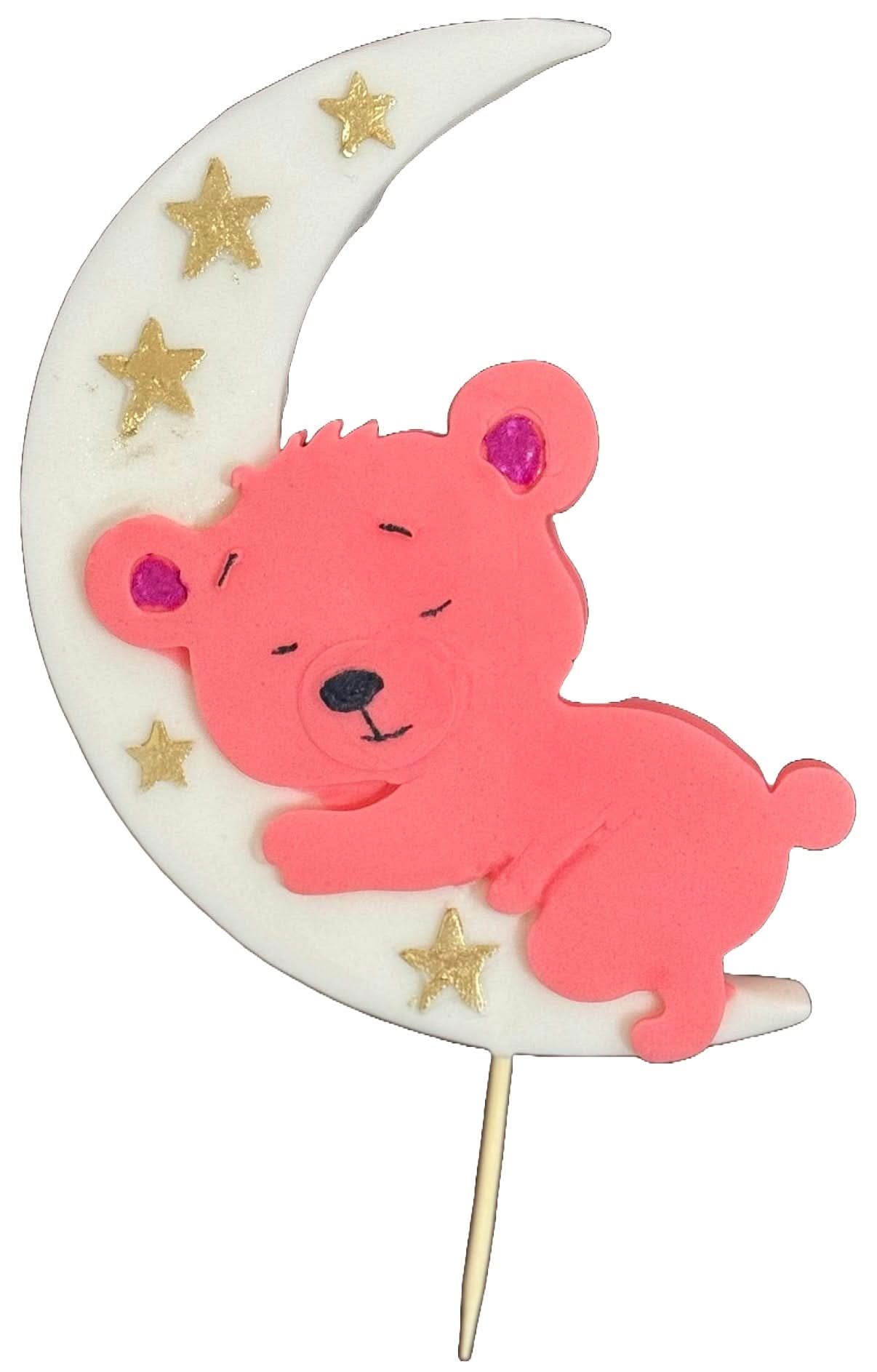 Ätsockerdekoration, Rosa nallebjörn på månen Dekorationer från Sugar Paste Nati Shop