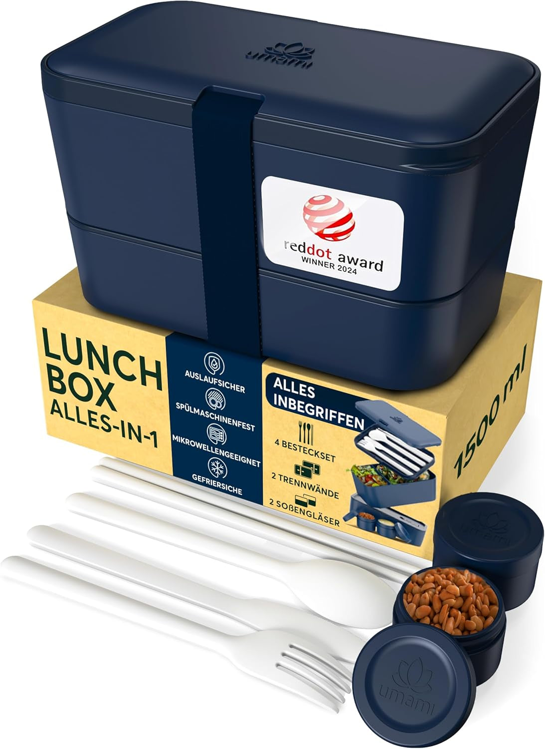 Umami Lunchbox för vuxna, läckagesäker stapelbar Bento-låda med 4 bestick och fack, Vuxen Lunchbox, To-Go-salladsbehållare, Picknick-/kontorslunchlåda, kolgrå, 1500 ml