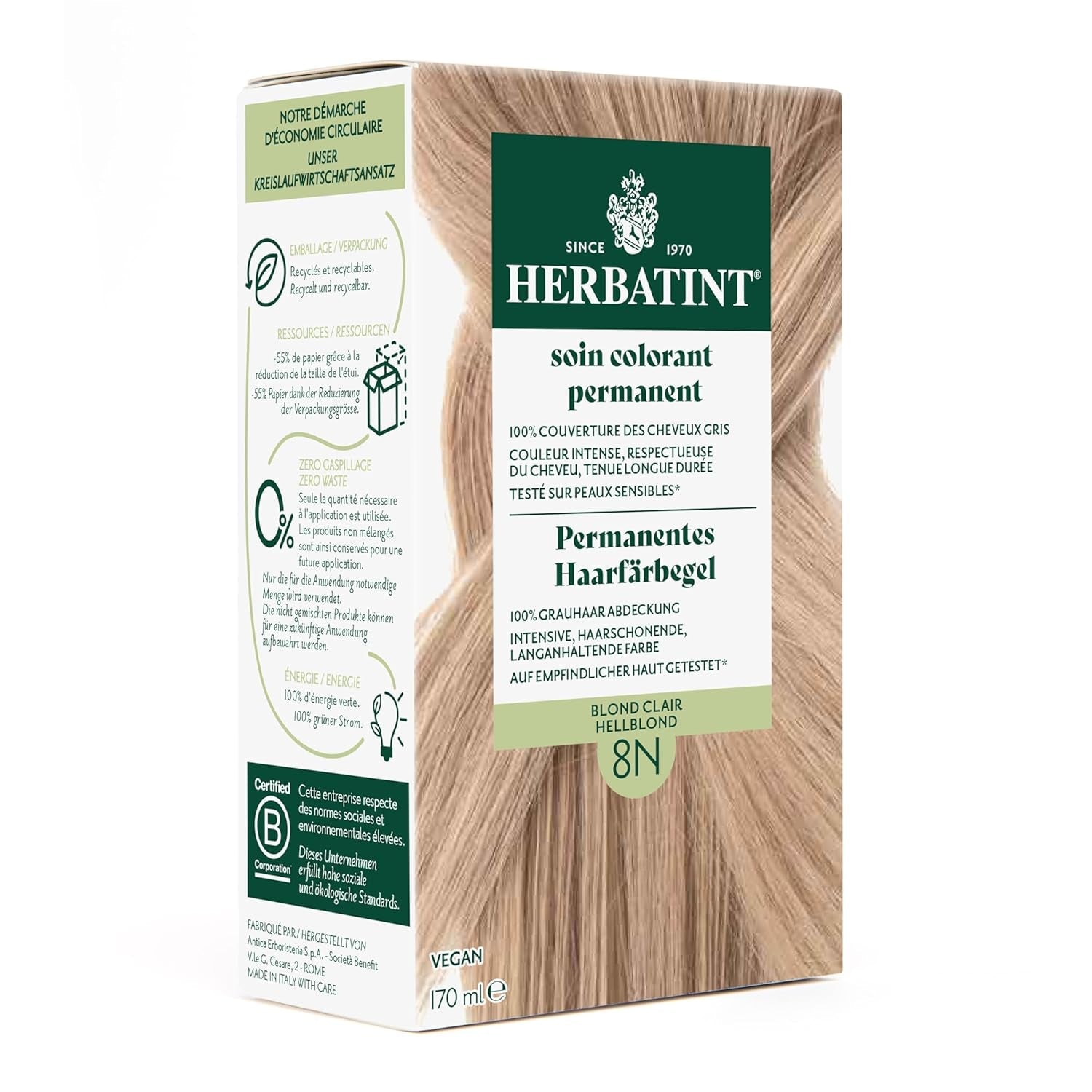 Permanent hårfärgningsgel 6N mörkblond - 170 ml I Ammoniakfri, 100 % täckning av grått hår I Testad på känslig hud, med 8 växtextrakt