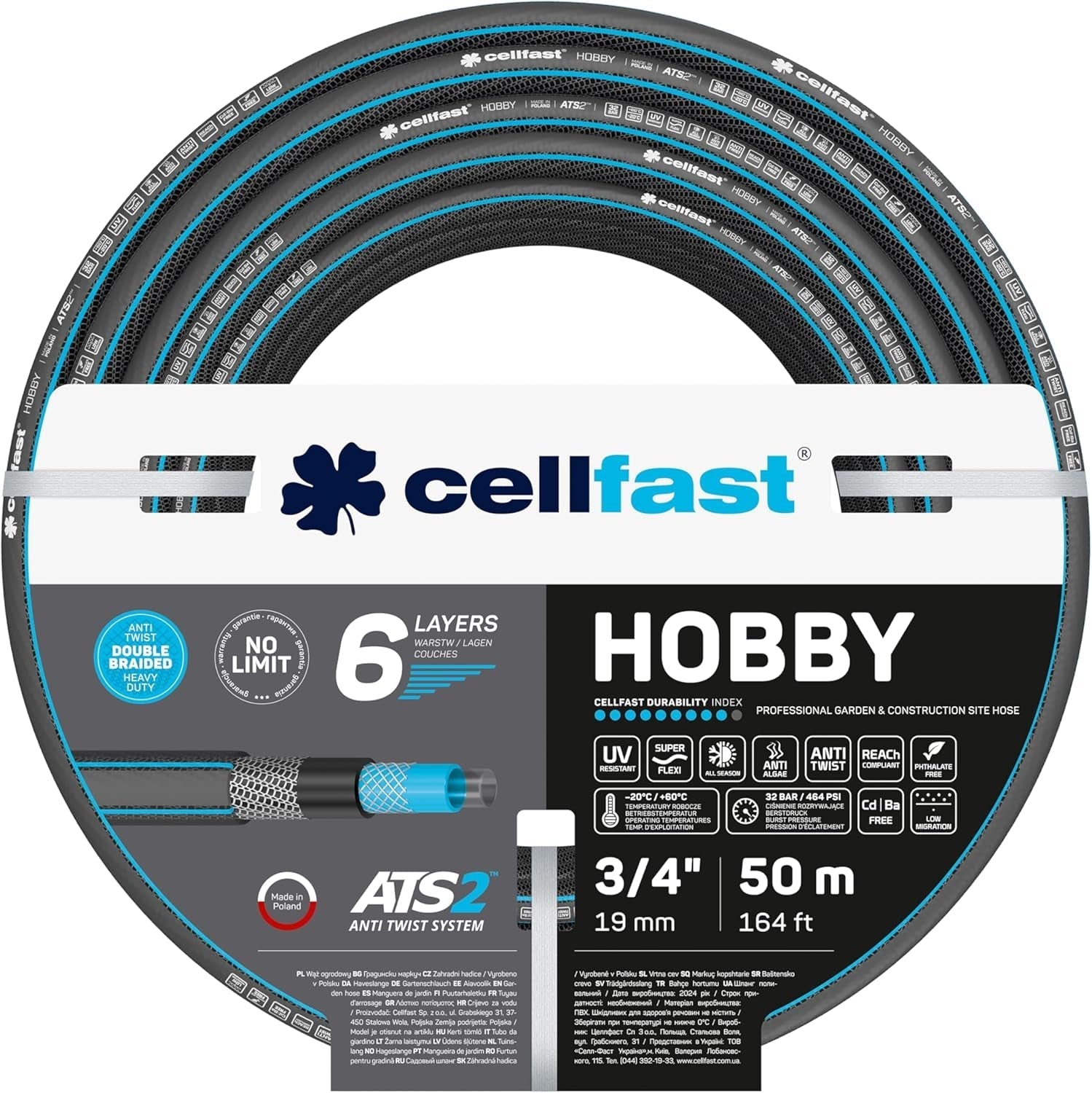 CELLFAST Trädgårdsslang 6-lagers vattenslang Dubbelflätad tyg bevattningsslang UV-beständig anti-alger flexibel slang 32 bar 1 tum 25 meter Hobby