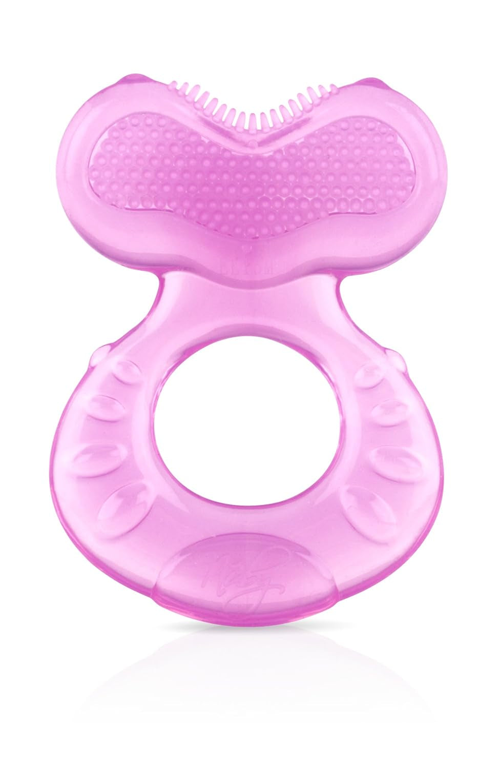Nuby Teethe-eez mjuk silikonbitring | Tandningshjälp i silikon med strukturerad yta för att massera tandköttet | Hygieniskt överdrag ingår | Rosa | Från 3 månader
