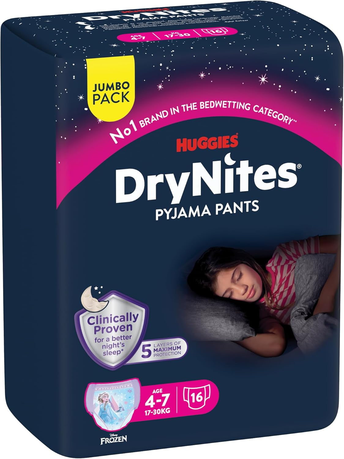 Huggies DryNites Superabsorberande nattblöjor för flickor 4-7 år, 4 x 16 trosblöjor (64 antal), månadspaket