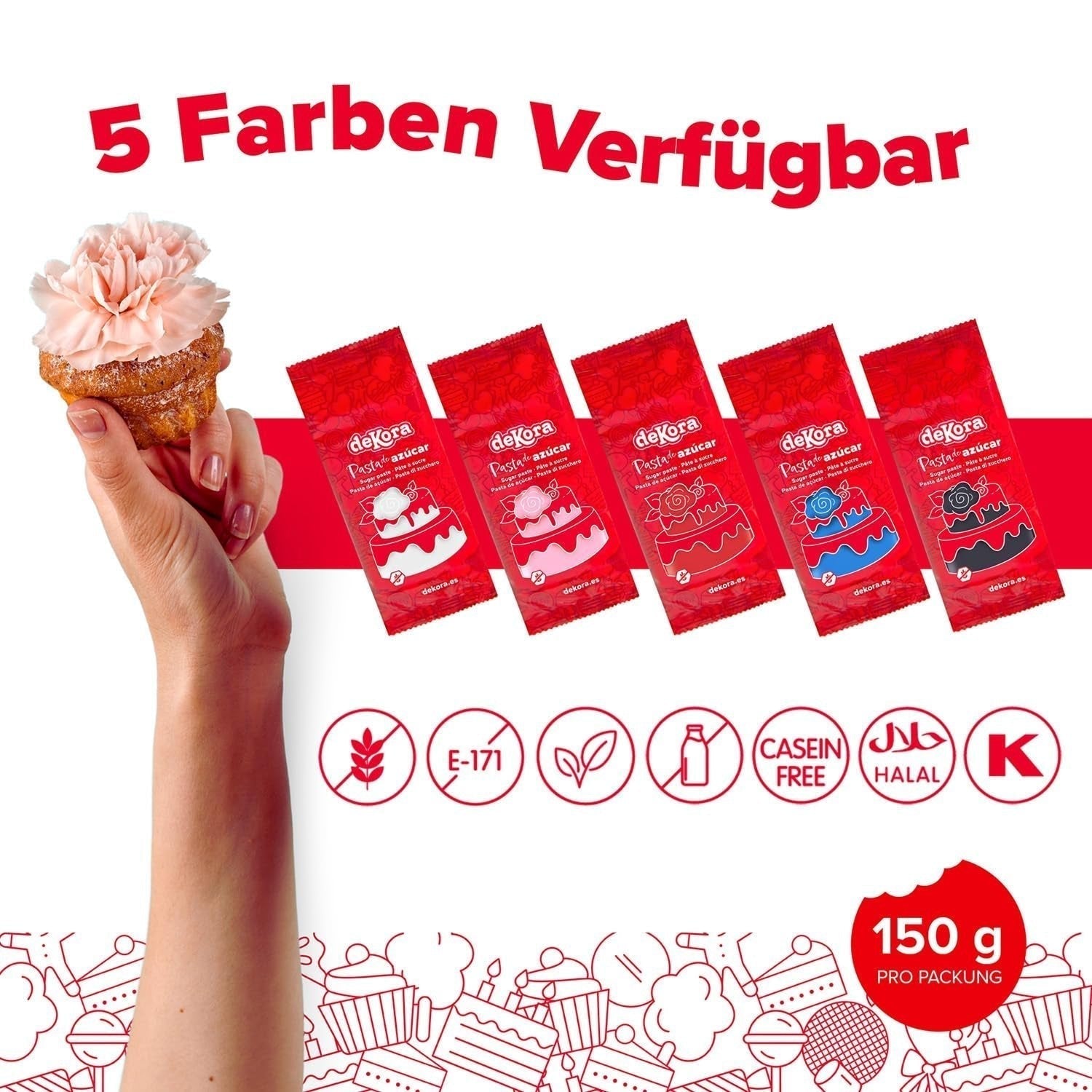 Dekora - Vit sugarpaste fondant 150g - Perfekt för tårtor och bakdekorationer - Gluten- och laktosfri - Vaniljsmak - Mjuk, smidig och lätt att forma för kreativa dekorationer Naty Shop Sugarpaste