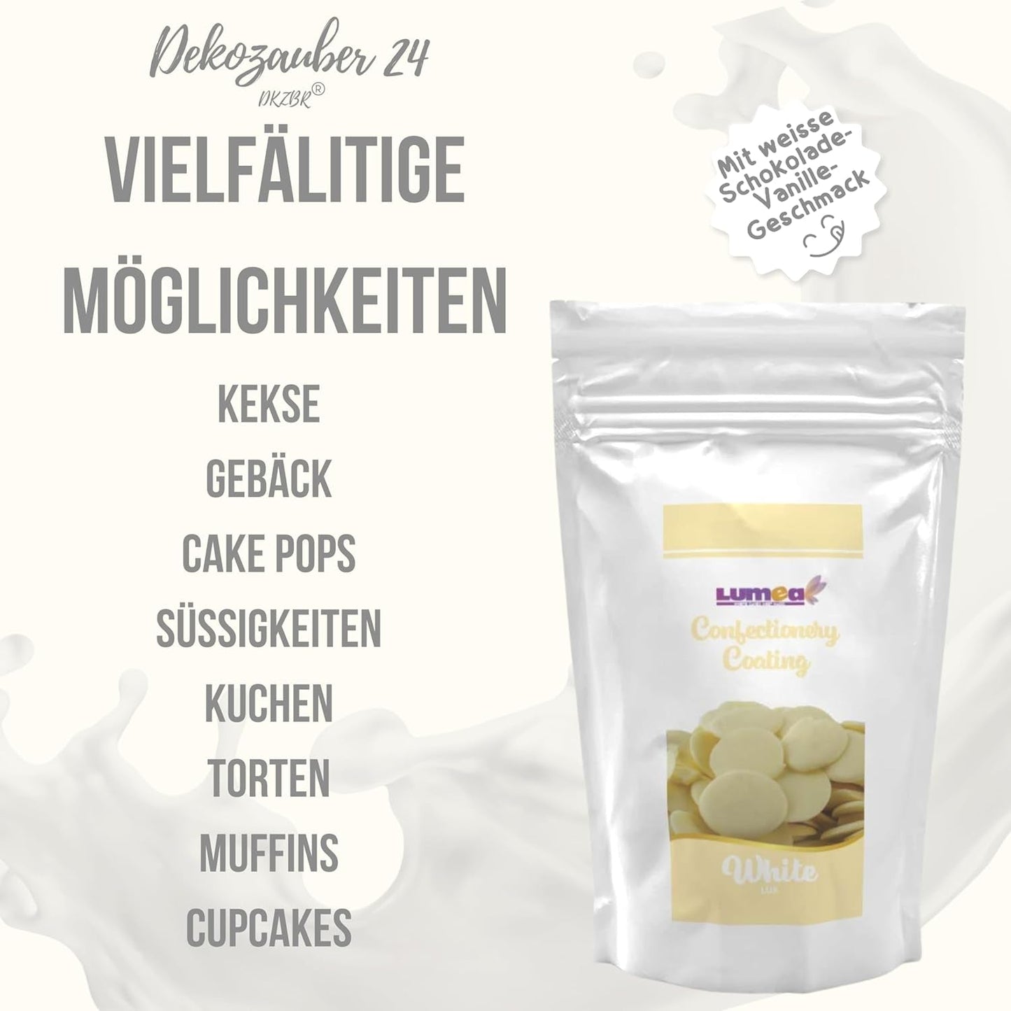 Dekozauber24 couverture droppar, vita, 500 g, med vit choklad och vaniljsmak, Deco Melts chips, mikrovågssäker, för cake pops, kakor, tårtor, tårtor, droppande eller glasyr Naty Shop Sugarpaste
