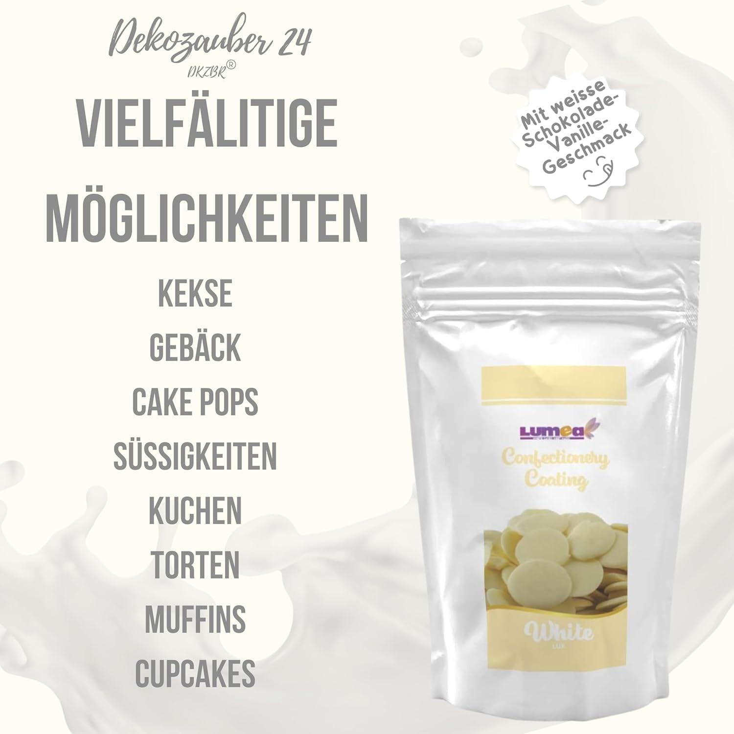 Dekozauber24 couverture droppar, vita, 500 g, med vit choklad och vaniljsmak, Deco Melts chips, mikrovågssäker, för cake pops, kakor, tårtor, tårtor, droppande eller glasyr Naty Shop Sugarpaste