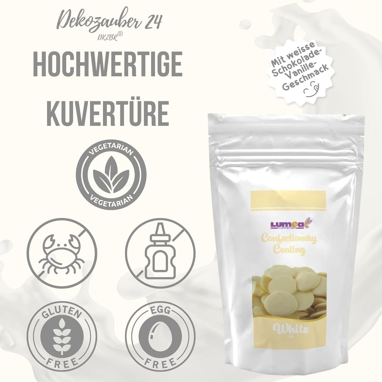 Dekozauber24 couverture droppar, vita, 500 g, med vit choklad och vaniljsmak, Deco Melts chips, mikrovågssäker, för cake pops, kakor, tårtor, tårtor, droppande eller glasyr Naty Shop Sugarpaste
