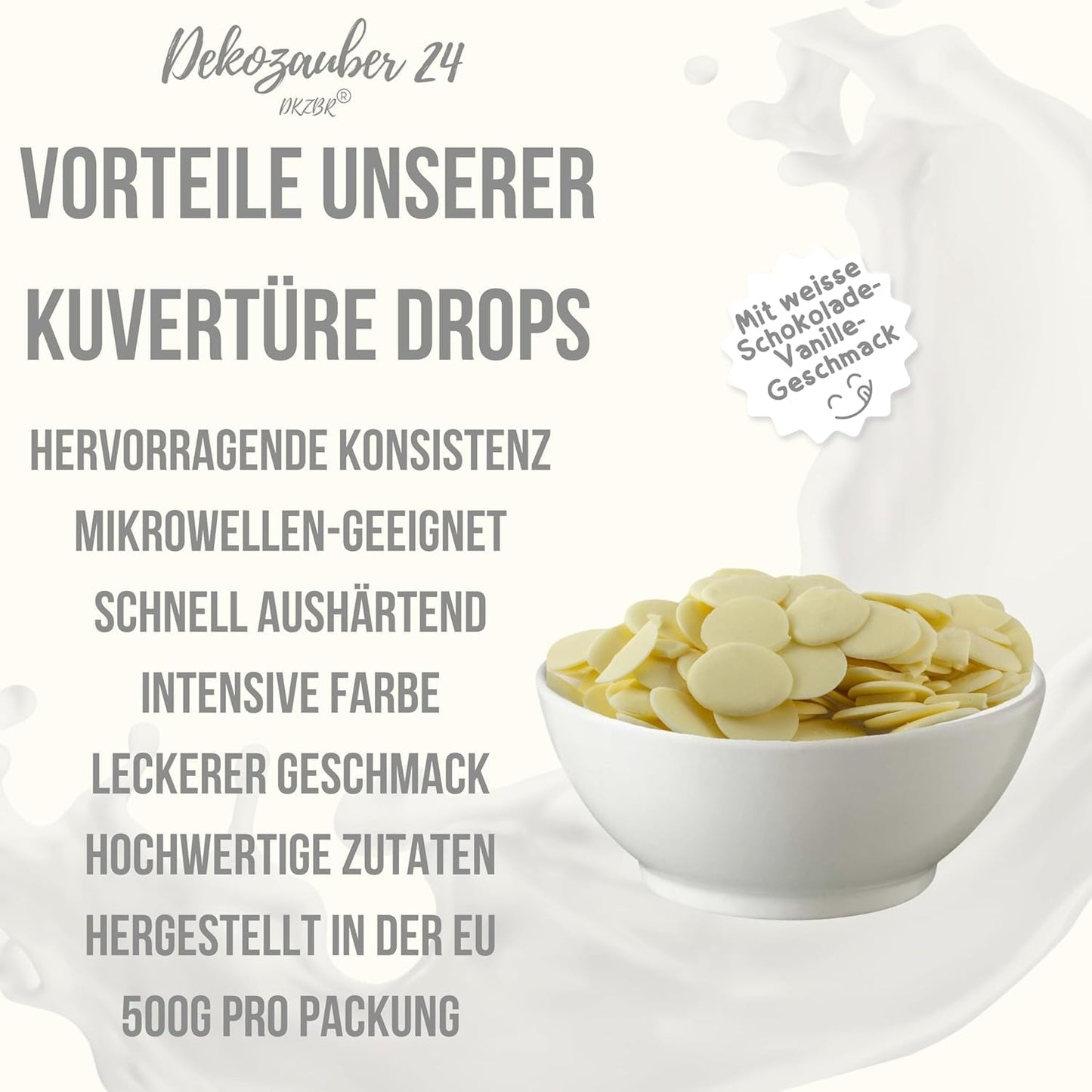 Dekozauber24 couverture droppar, vita, 500 g, med vit choklad och vaniljsmak, Deco Melts chips, mikrovågssäker, för cake pops, kakor, tårtor, tårtor, droppande eller glasyr Naty Shop Sugarpaste
