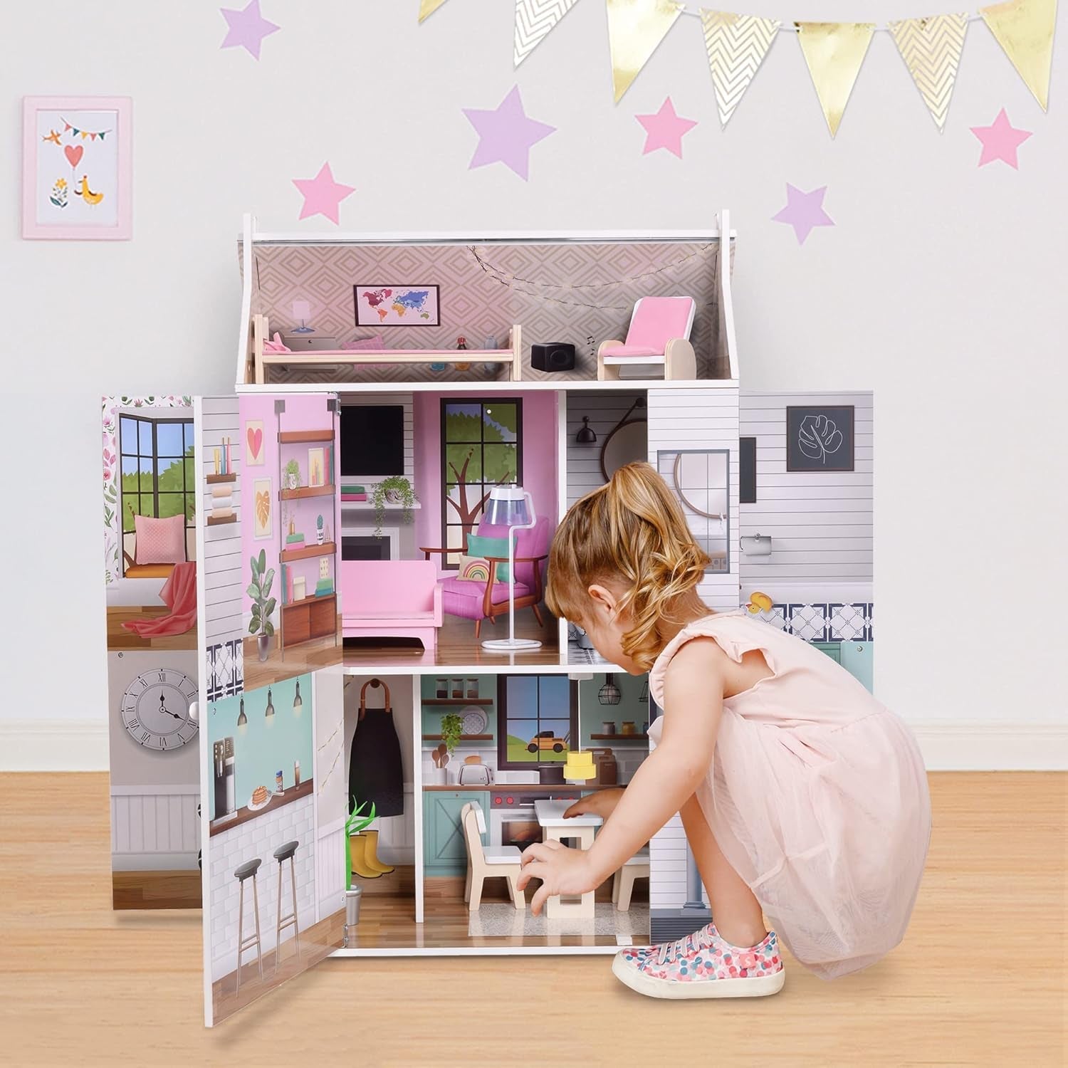 Olivia's Little World Dreamland 3-lagers interaktivt dockhus i trä med 13 tillbehör till dockmöbler Vit TD-13632A