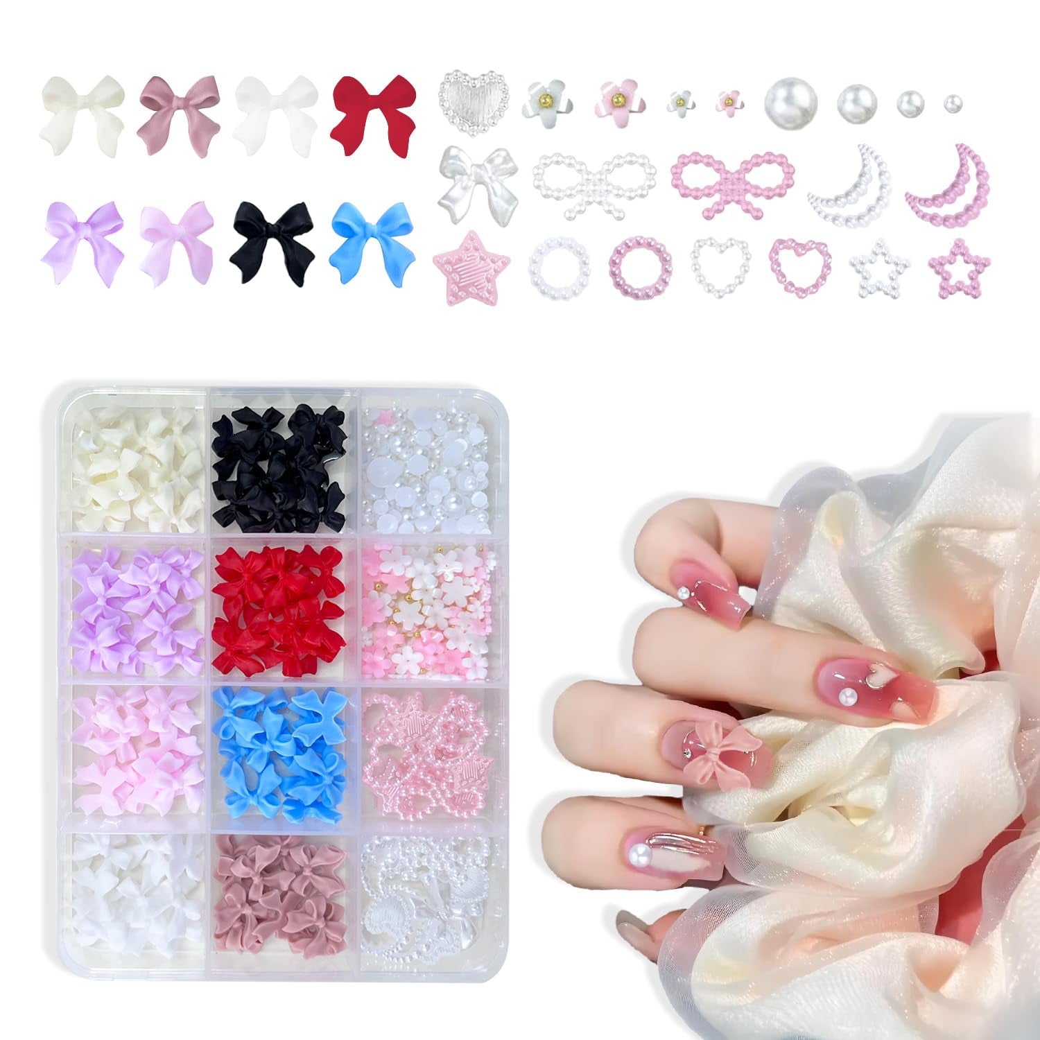 3D Nail Art-dekorationer, 1 kartong Nail Art-berlocker, Blandad stil Blomma hjärta Rosett Nail Art-berlocker, Harts Nail Art-dekorationer, För Nail Art-dekorationer, Tillbehör till DIY-hantverk