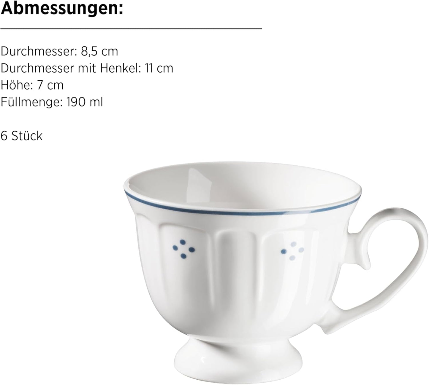 Mäser Lova Series 18-delade porslinskaffeservering - 6 desserttallrikar (19,5 cm), 6 koppar (19 cl) och 6 fat (15,5 cm), blå