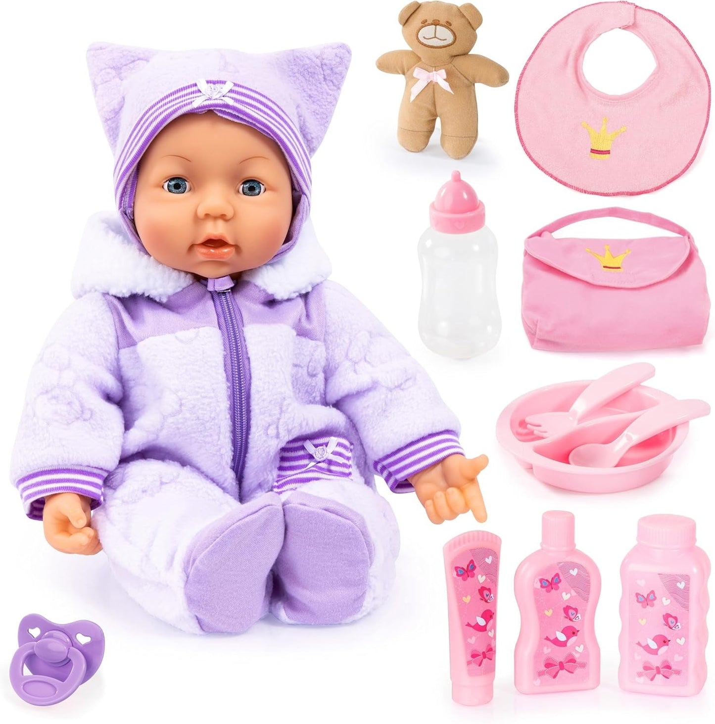 Bayer Design 94694AG 94694AA, Funktionsdocka, Piccolina Magic Eyes Interactive Doll, Moves Mun, Blinkar och stänger ögonen, Pratar, Lila, 46cm