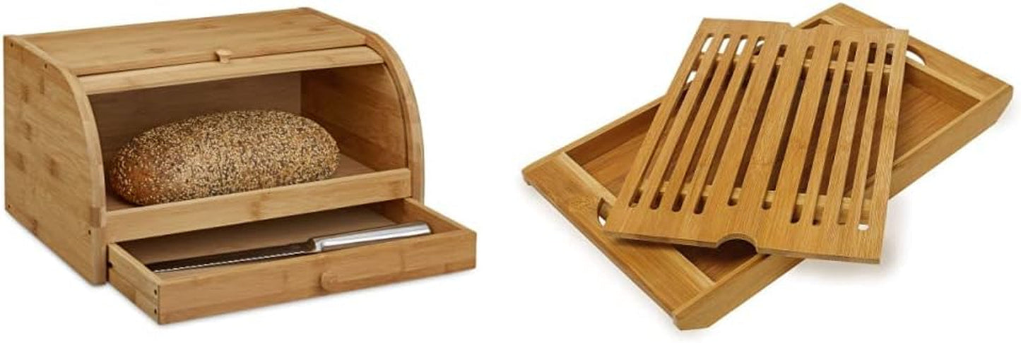Relaxdays Rullande brödkorg med låda, bambu, HxBxD: 21 x 40,5 x 28 cm, trä, natur & bambu skärbräda ca. 3 x 37 x 21,5 cm skärbräda med smulbricka för enkel rengöring Naturlig matförvaringslådor Naty Shop Brödskärbrädapaket 3X37X21,5cm