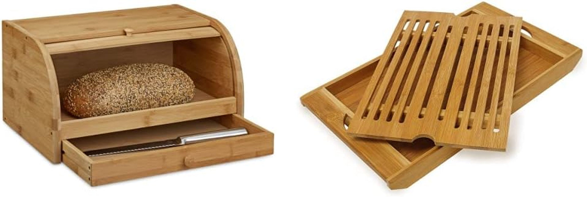 Relaxdays Rullande brödkorg med låda, bambu, HxBxD: 21 x 40,5 x 28 cm, trä, natur & bambu skärbräda ca. 3 x 37 x 21,5 cm skärbräda med smulbricka för enkel rengöring Naturlig matförvaringslådor Naty Shop Brödskärbrädapaket 3X37X21,5cm